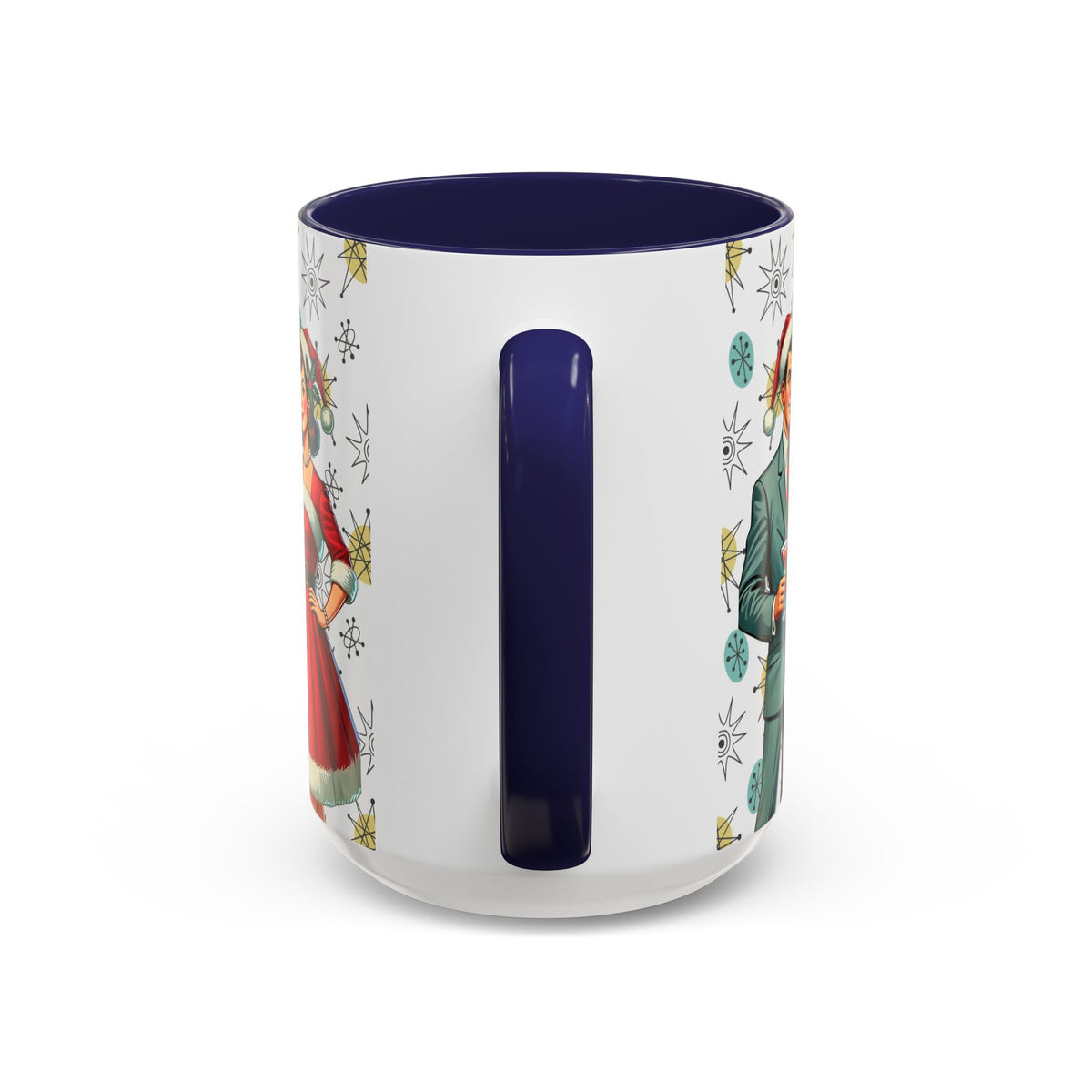 Mid Century Modern mug featuring a 50s Christmas design with Franciscan Starburst pattern and colorful retro characters.