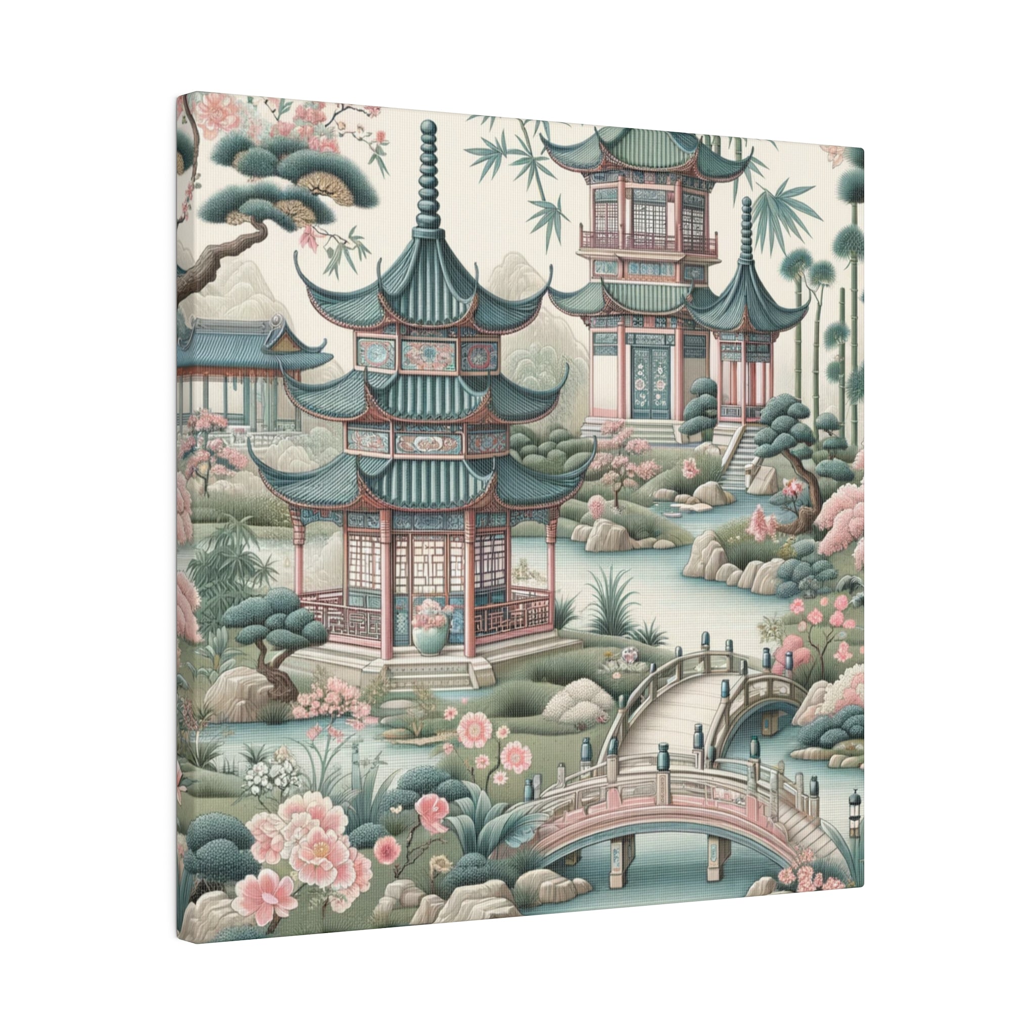 Chinoiserie Wall Art, Pagodas, Rivers, Pastel Southern Elegance Wall Art Matte Canvas - Mid Century Modern Gal