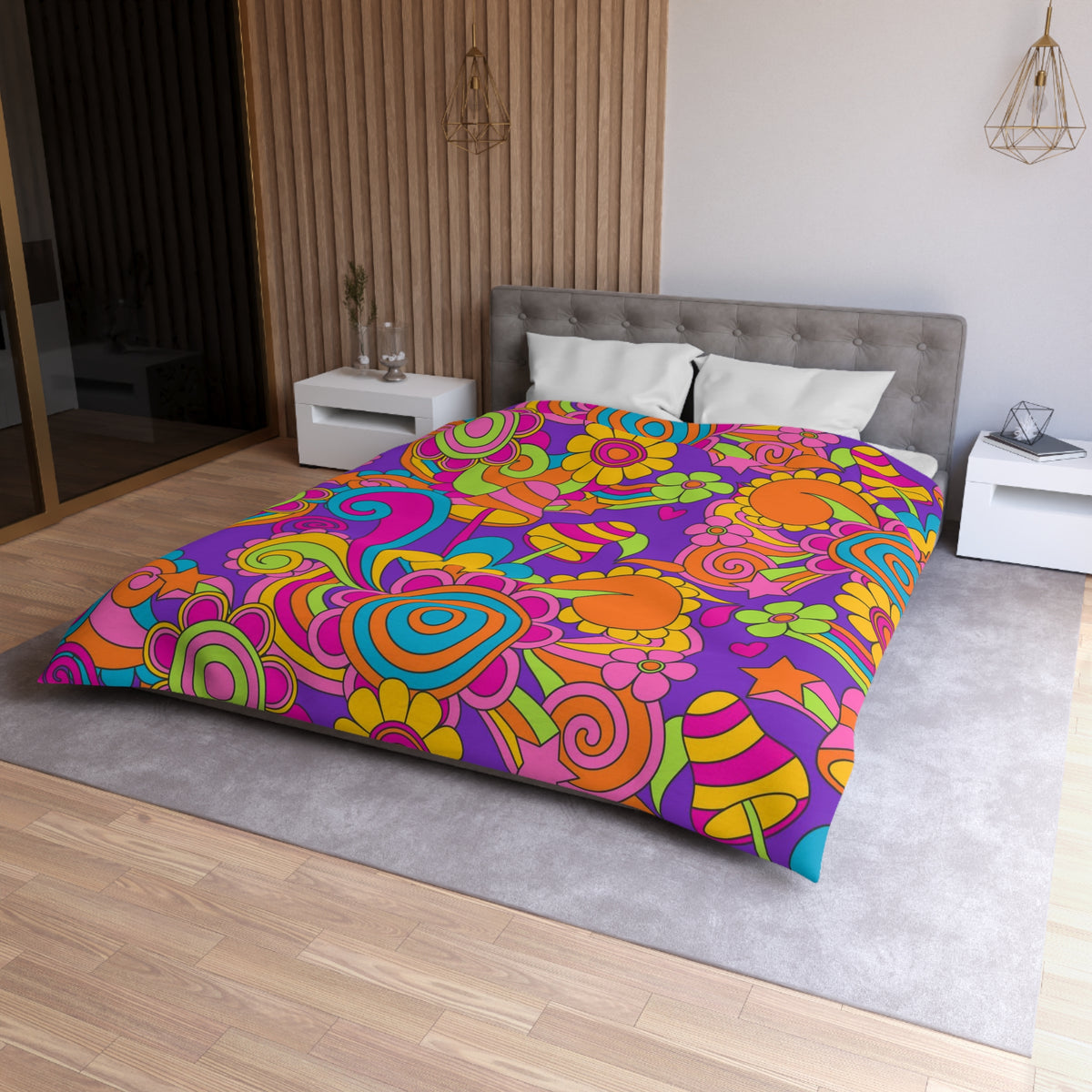 60s 70s Groovy Retro Purple, Pink Orange, Mushroom, Hippie Style Microfiber Duvet Cover - Mid Century Modern Gal