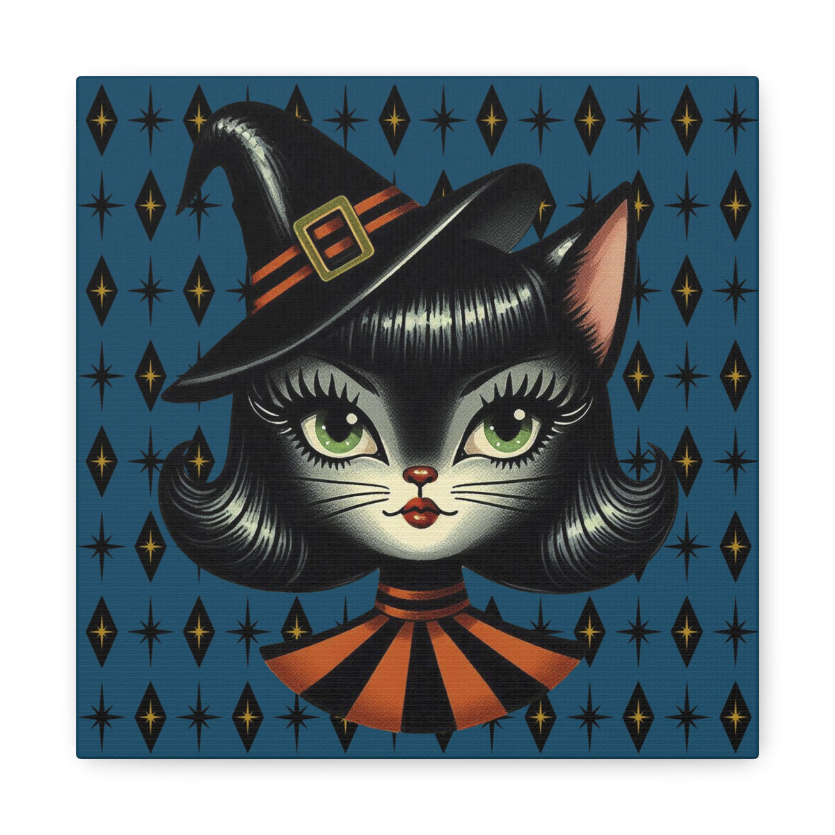 Vintage Halloween Black Cat Sexy Sexton Mid Century Modern Blue Matte Stretched Canvas Wall Art - Mid Century Modern Gal