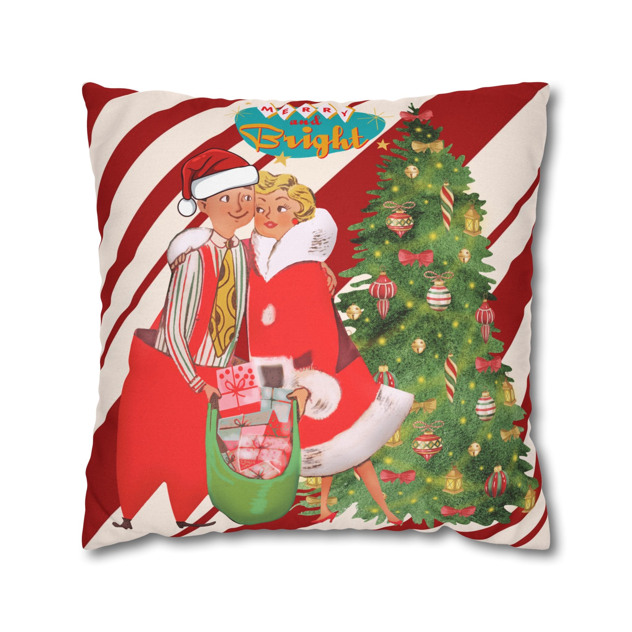 Retro Vintage Christmas Pillow Cover, Red And White Candy Cane Striped, Mid Century Modern Christmas Card Kitschy Holiday Throw - Mid Century Modern Gal