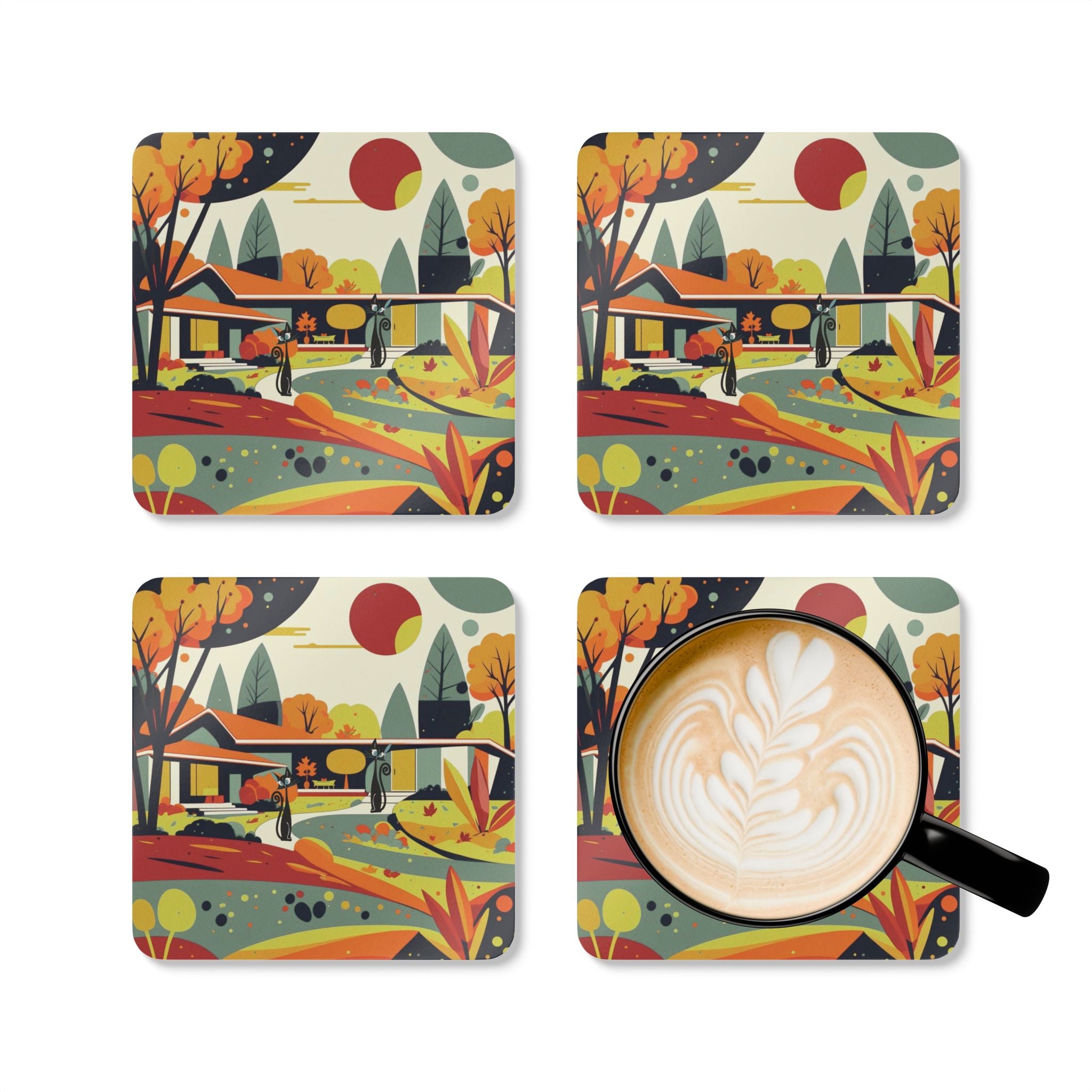 Mid Century Modern Scandinavian Floral Fall Kitschy Mod Cats Corkwood Coaster Set - Mid Century Modern Gal