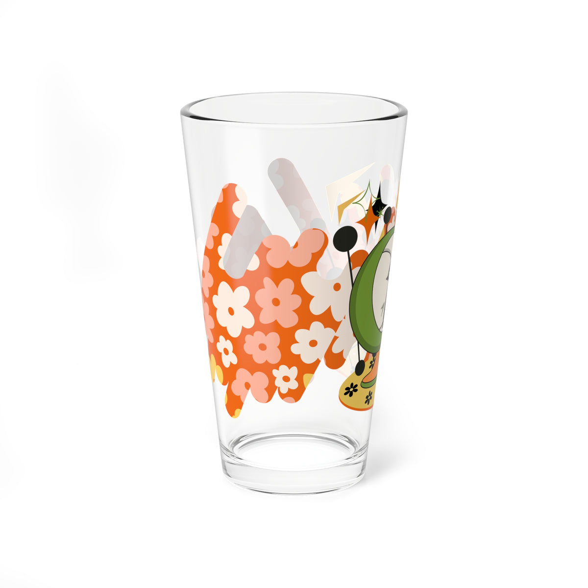 Mid Century Modern Barware, 70s Flower Power Atomic Cat Retro Glass - 16oz Floral Design for Cocktails & Beverages - Mid Century Modern Gal