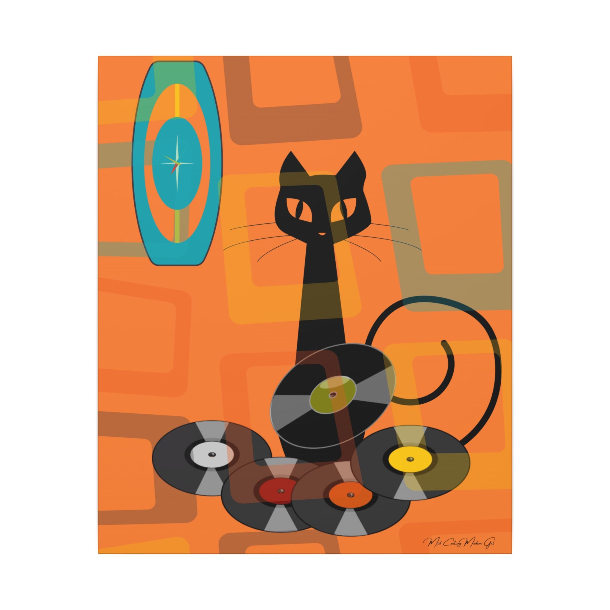 Atomic Cat Retro Groovy Records Mid Century Modern Orange Geometric, Canvas Gallery MCM Mid Mod Wall Art - Mid Century Modern Gal