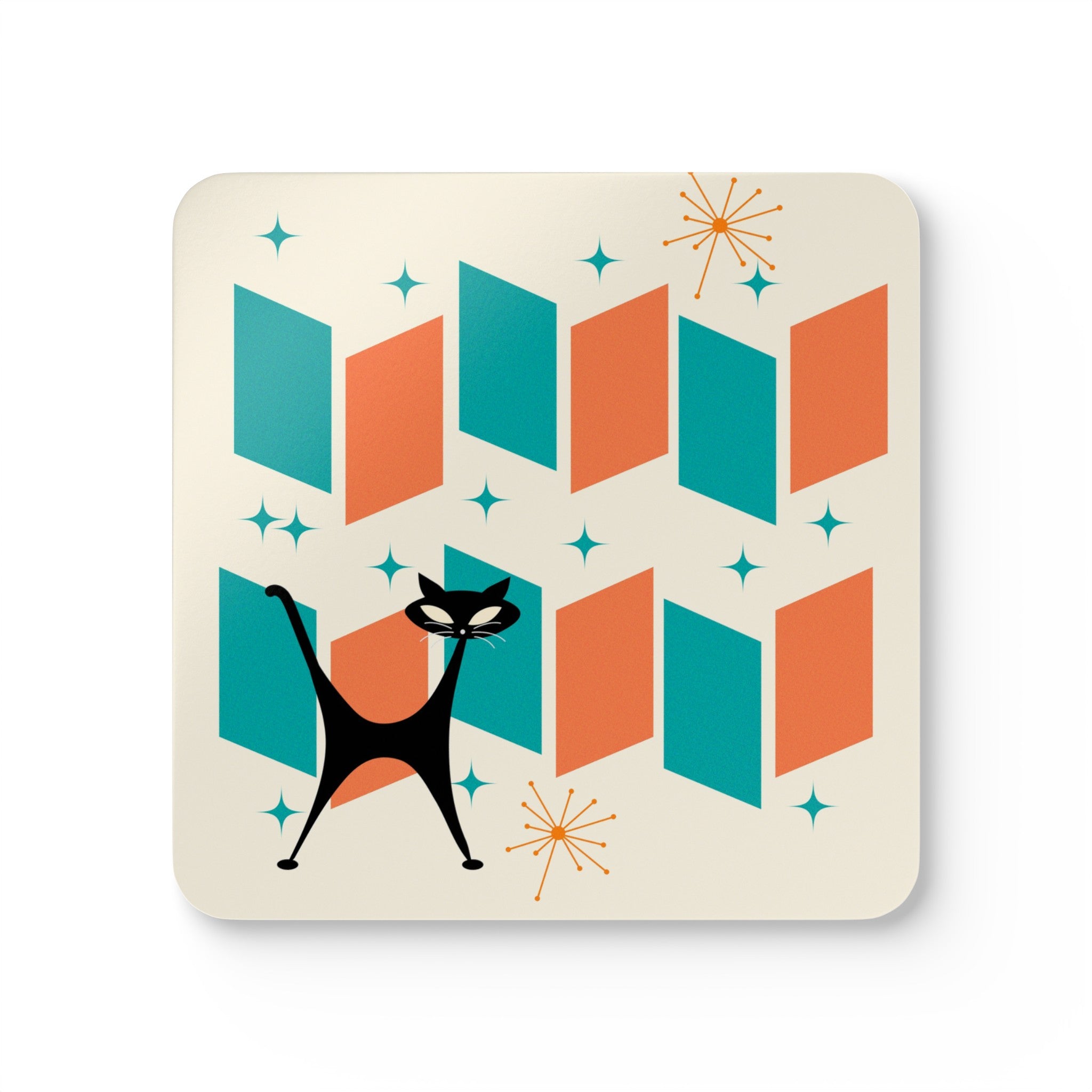 Atomic Cat Coaster Set, Orange, Teal, Retro Mod Corkwood Coaster Set - Mid Century Modern Gal