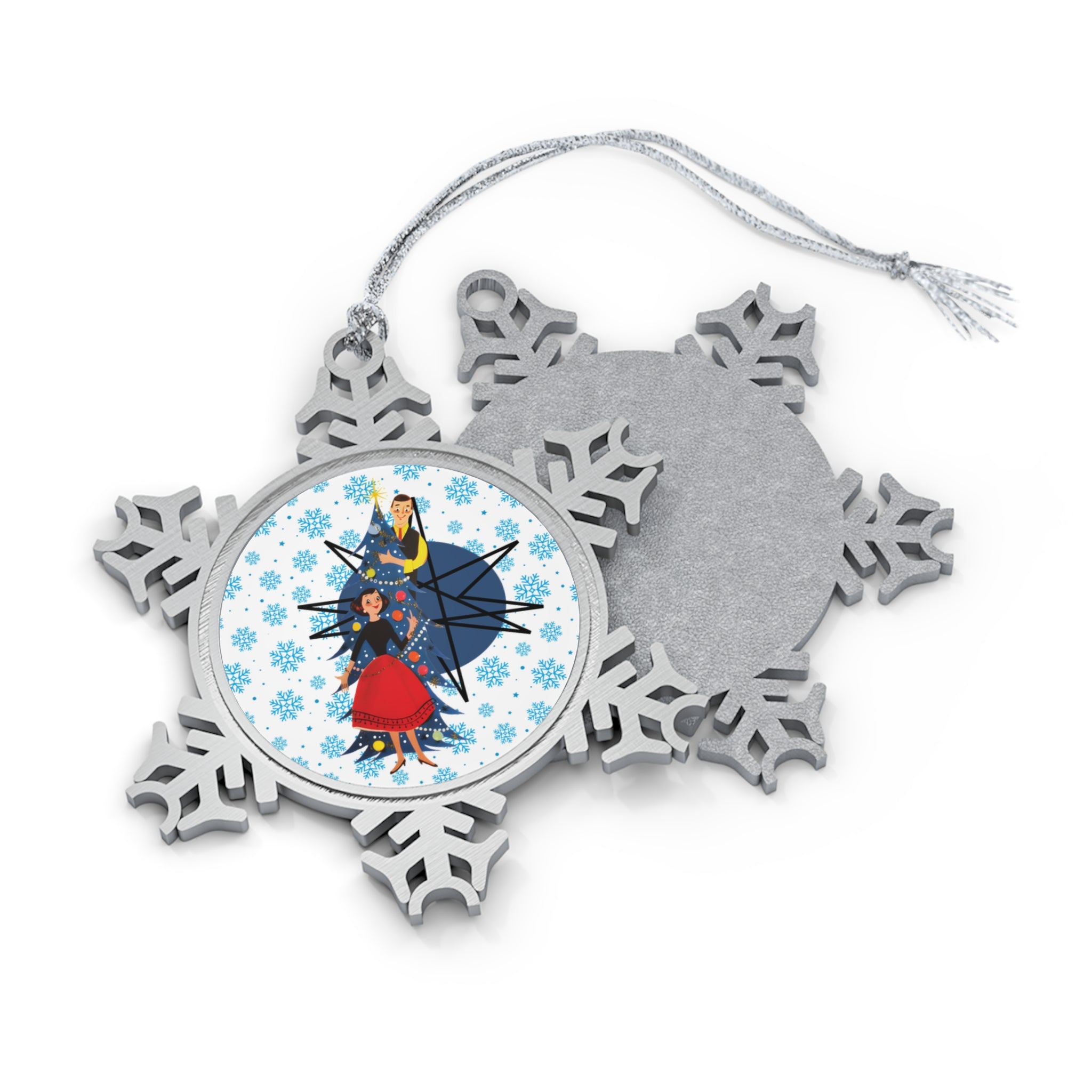 Kitschy Christmas Snowflake Ornament With Vintage Couple Pewter Snowflake Ornament - Mid Century Modern Gal