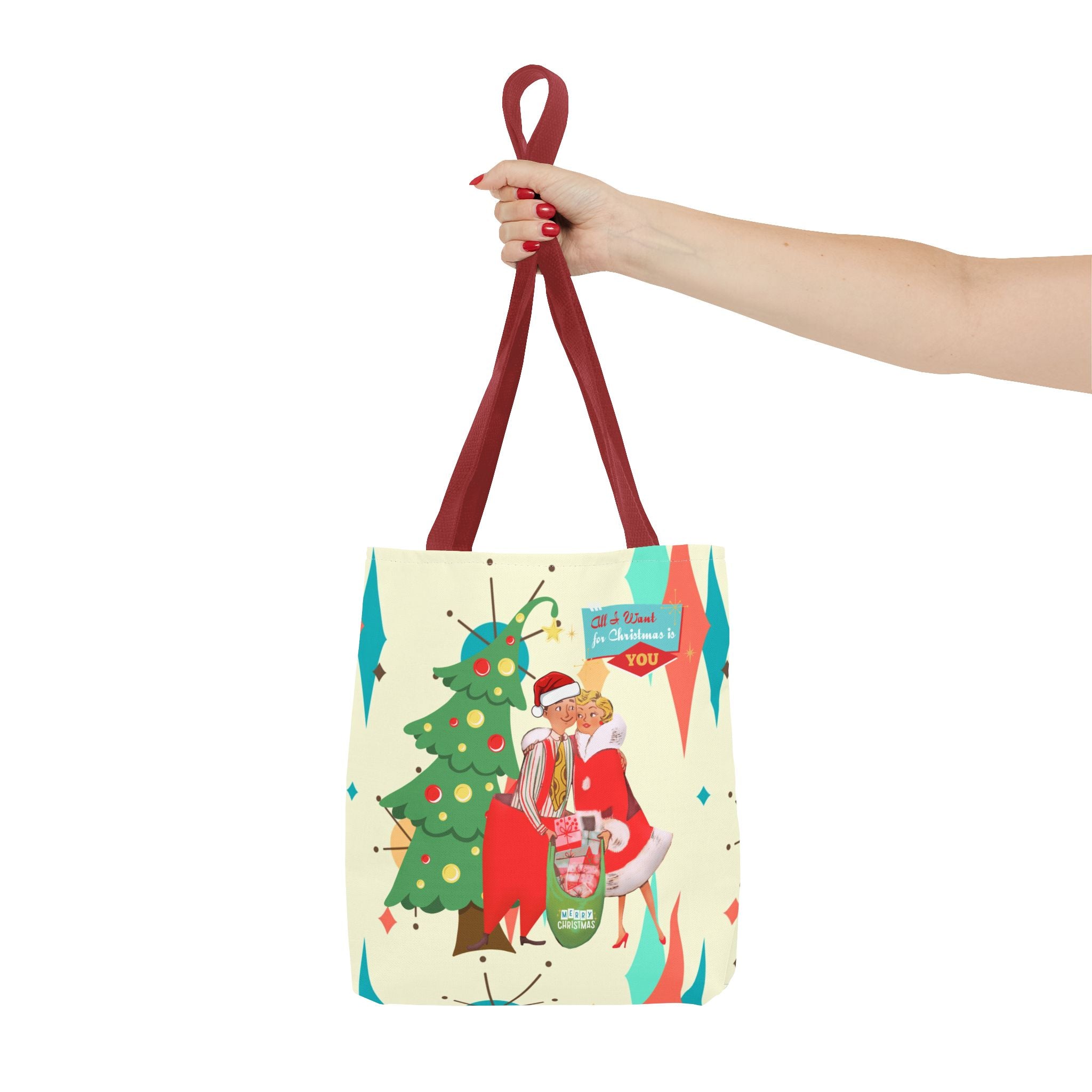 Christmas Couples Tote Bag, Cute Holiday Gift, Fun Shopping Bag, Joyful Christmas Decor, Merry Tote for Party Use - Mid Century Modern Gal