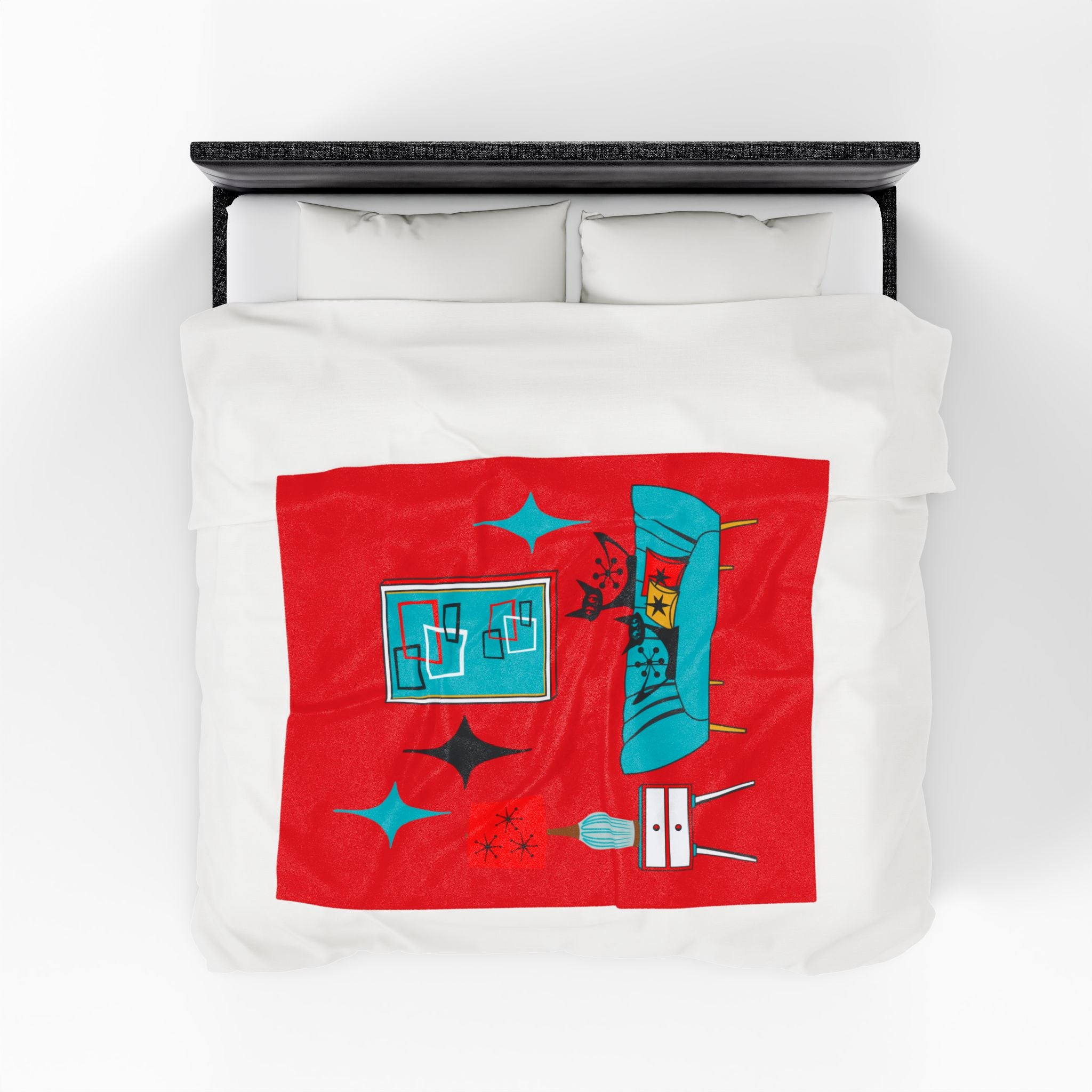 Atomic Cat Art, Cozy Mid Century Modern, Retro Red, Aqua Blue, Teal, Starburst, Black Cat Lover Sherpa Blanket - Mid Century Modern Gal