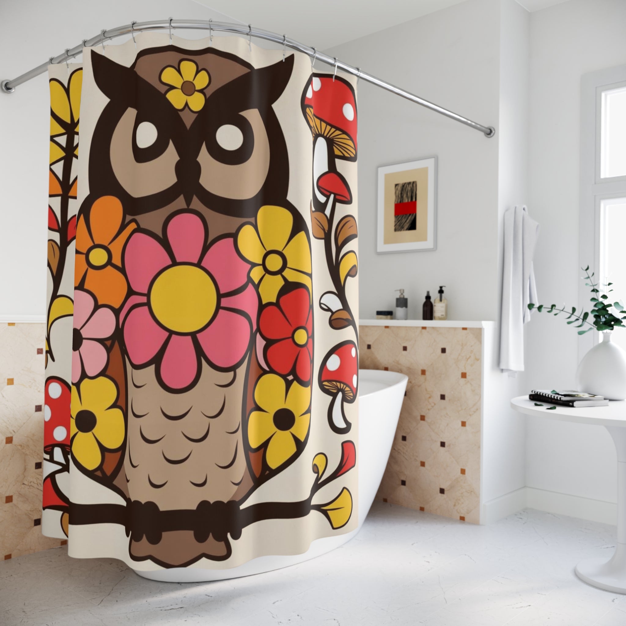 Retro Groovy 70s Owl, Mushroom Floral Bohemian Owl Shower Curtain - Colorful Floral Design for a Cozy Bathroom - Mid Century Modern Gal