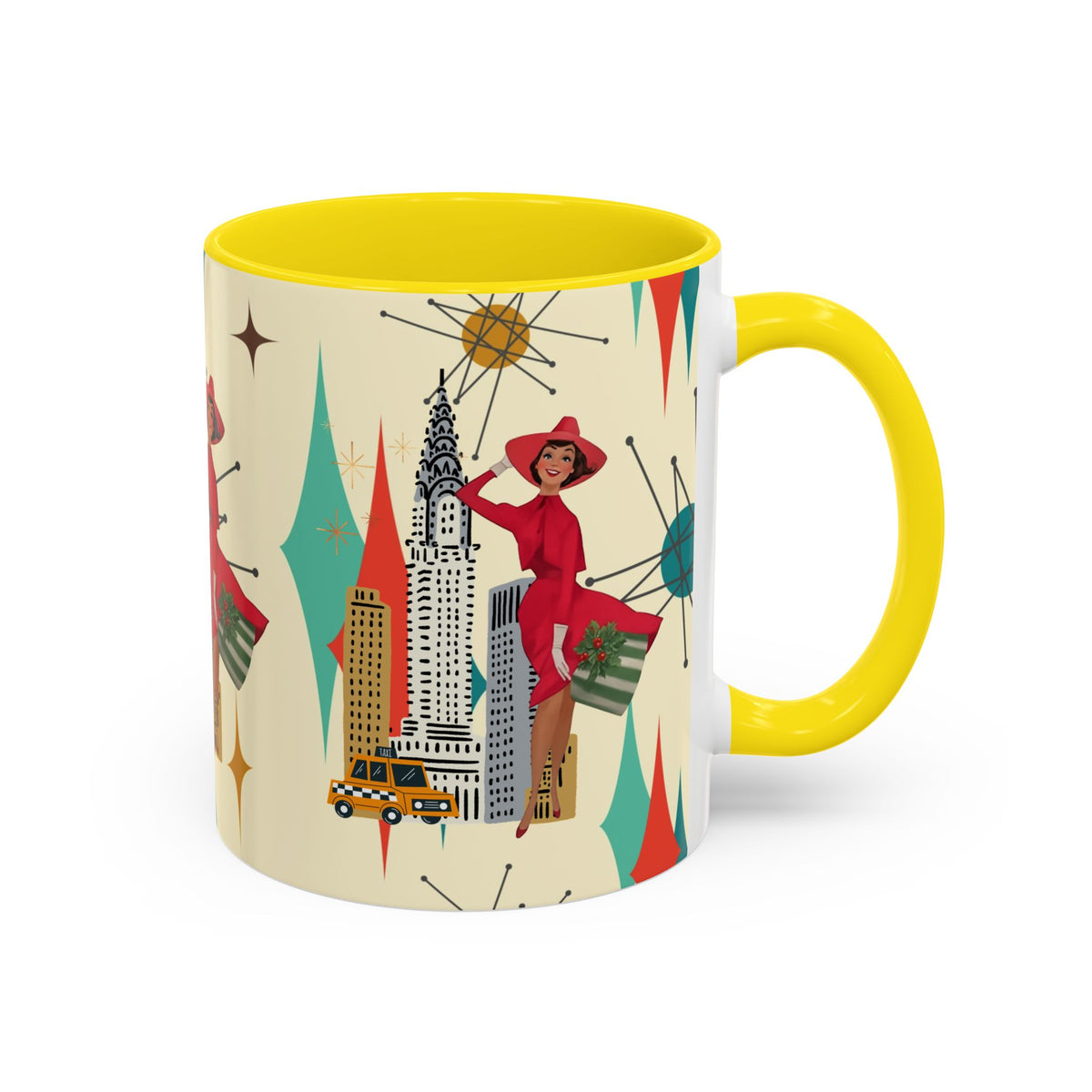 Mid Century Modern coffee mug featuring a kitschy Christmas design with a vintage cityscape and starburst accents.