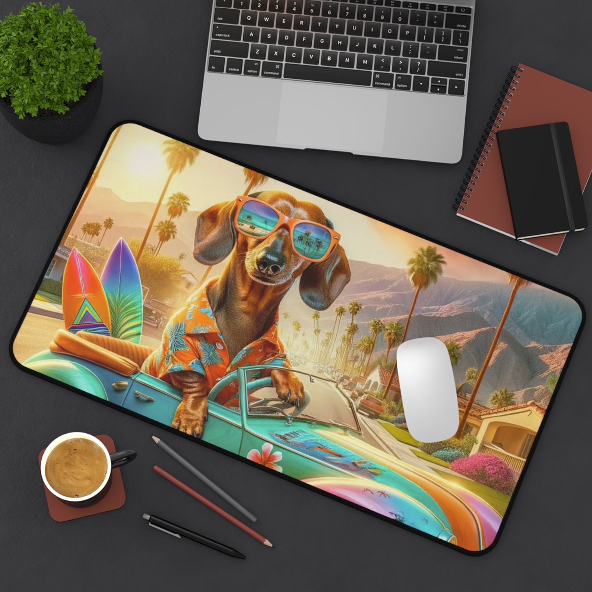 Doxie Dog Mod MCM Palm Spring California Dreaming Desk Mat - Mid Century Modern Gal
