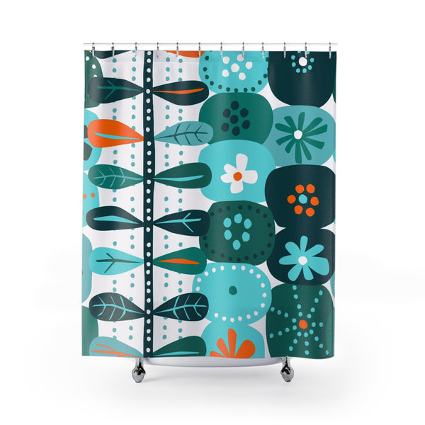Mid Mod Scandinavian Floral Teal, Aqua Orange Mid Mod Shower Curtain
