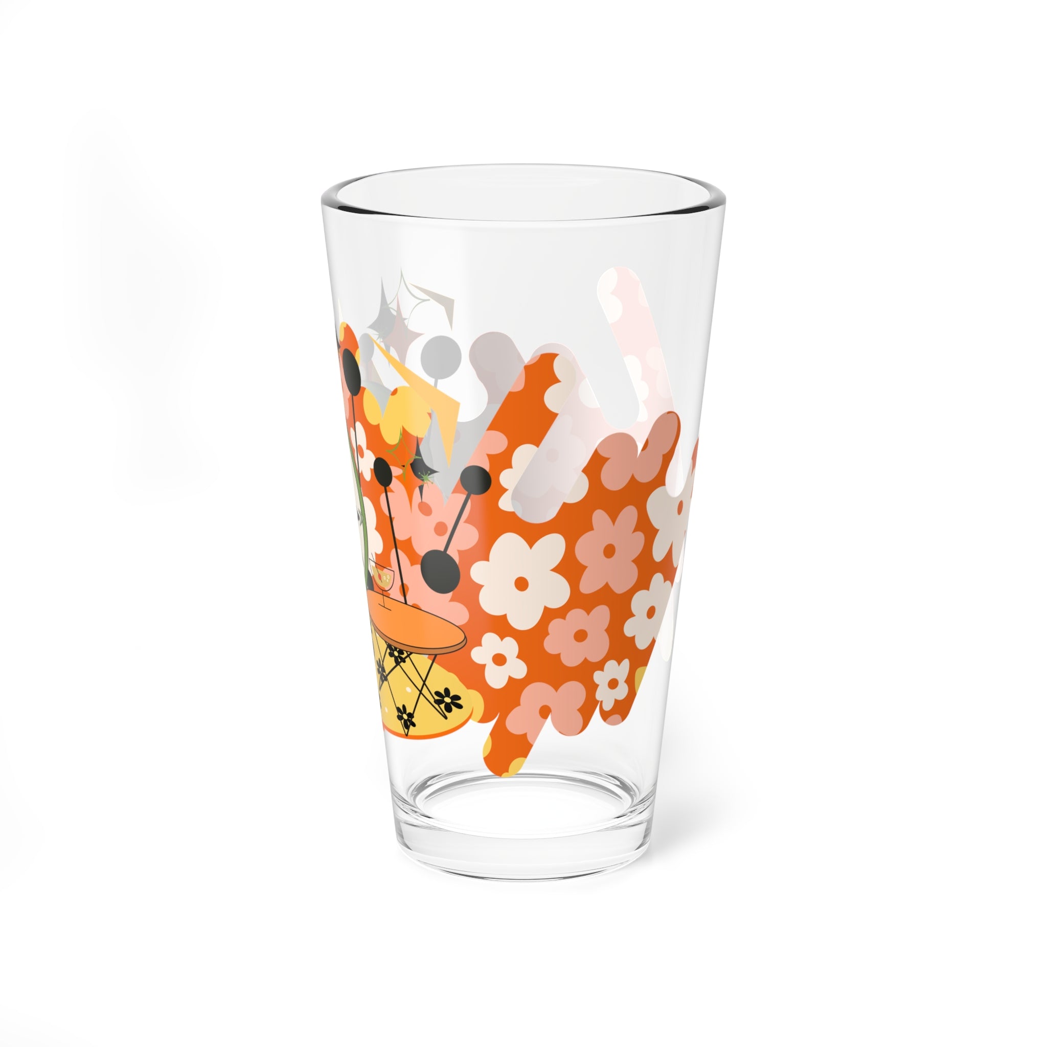 Mid Century Modern Barware, 70s Flower Power Atomic Cat Retro Glass - 16oz Floral Design for Cocktails & Beverages - Mid Century Modern Gal