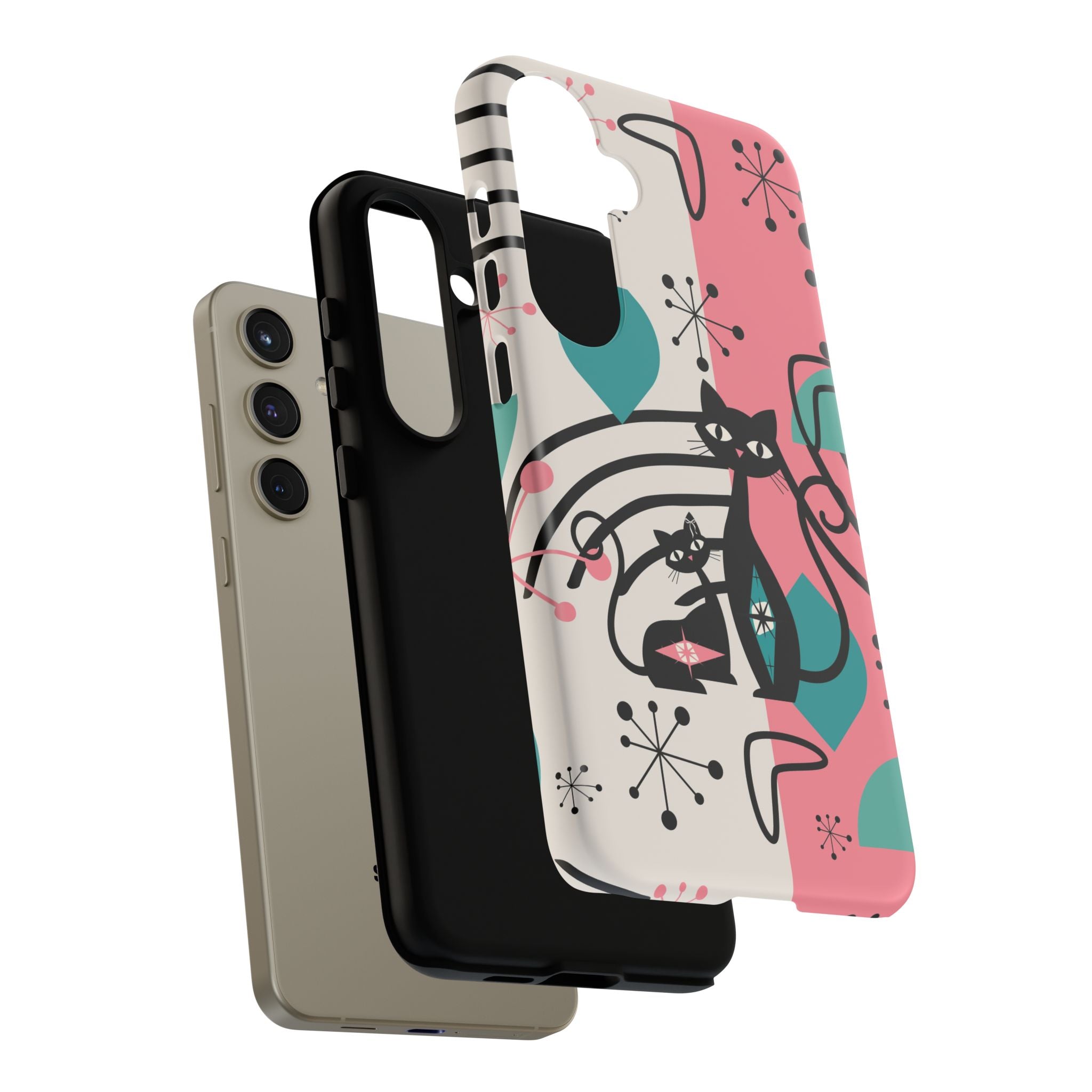 Mid Mod Atomic Cat Boomerang Starburst, Pink, Black Kitschy Stylish Cat Phone Case: Modern Design for Cat Lovers
