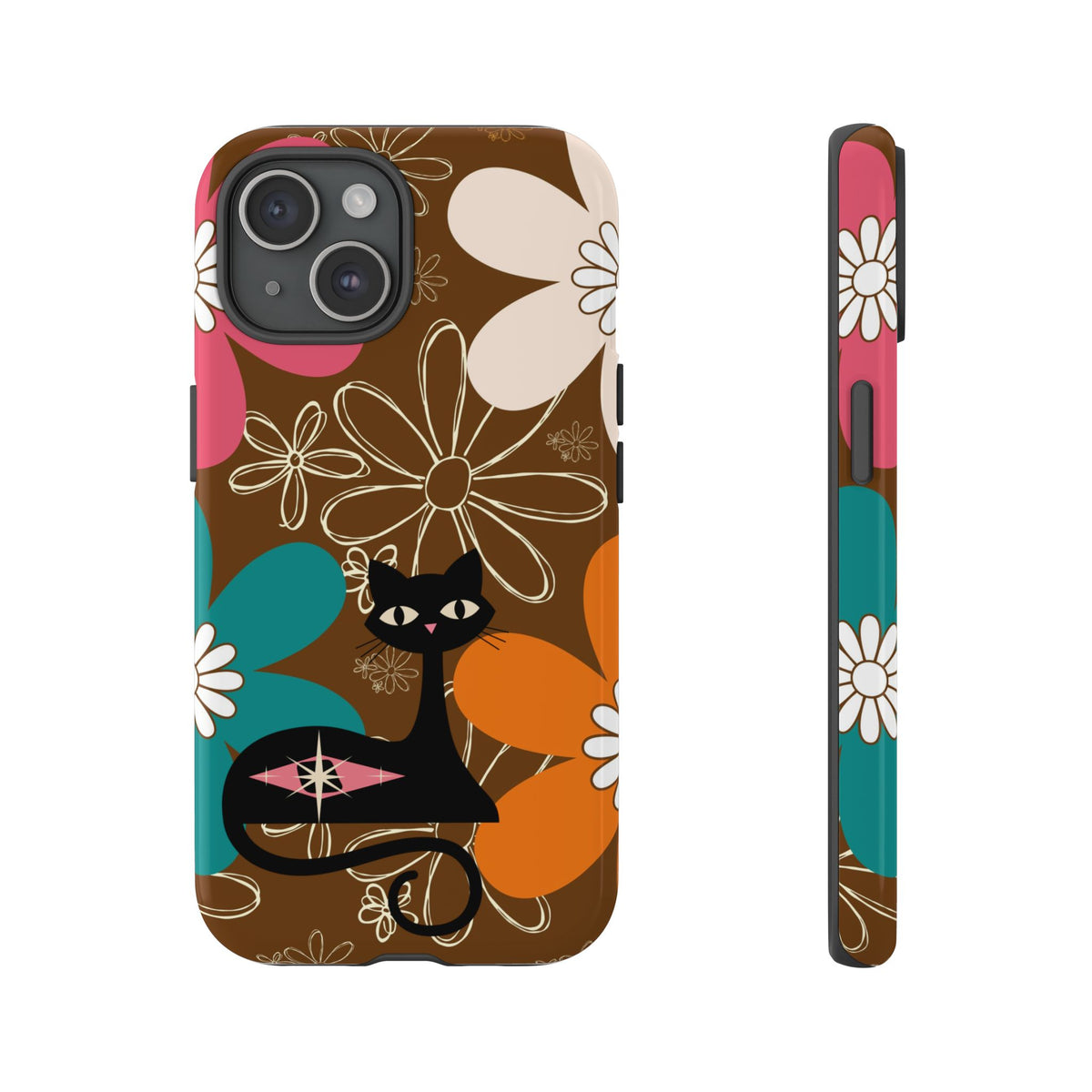 Atomic Cat Retro 70s Vibe Flower Power Tough Cases: Cute Floral and Cat Phone Case for Cat Lovers - Mid Century Modern Gal