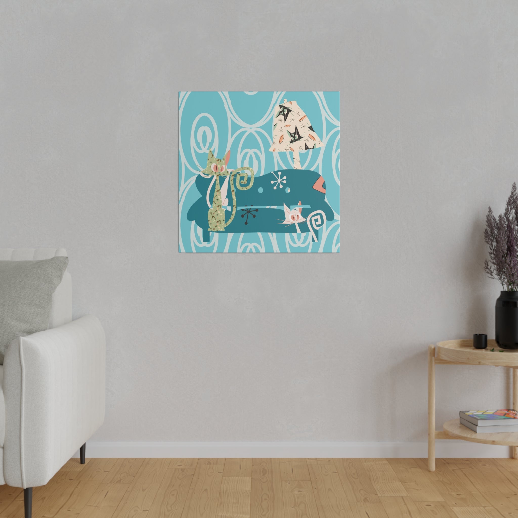 Atomic Cat Art, Quirky Kitschy Blue, Green, Teal Mid Century Modern Wall Art - Mid Century Modern Gal