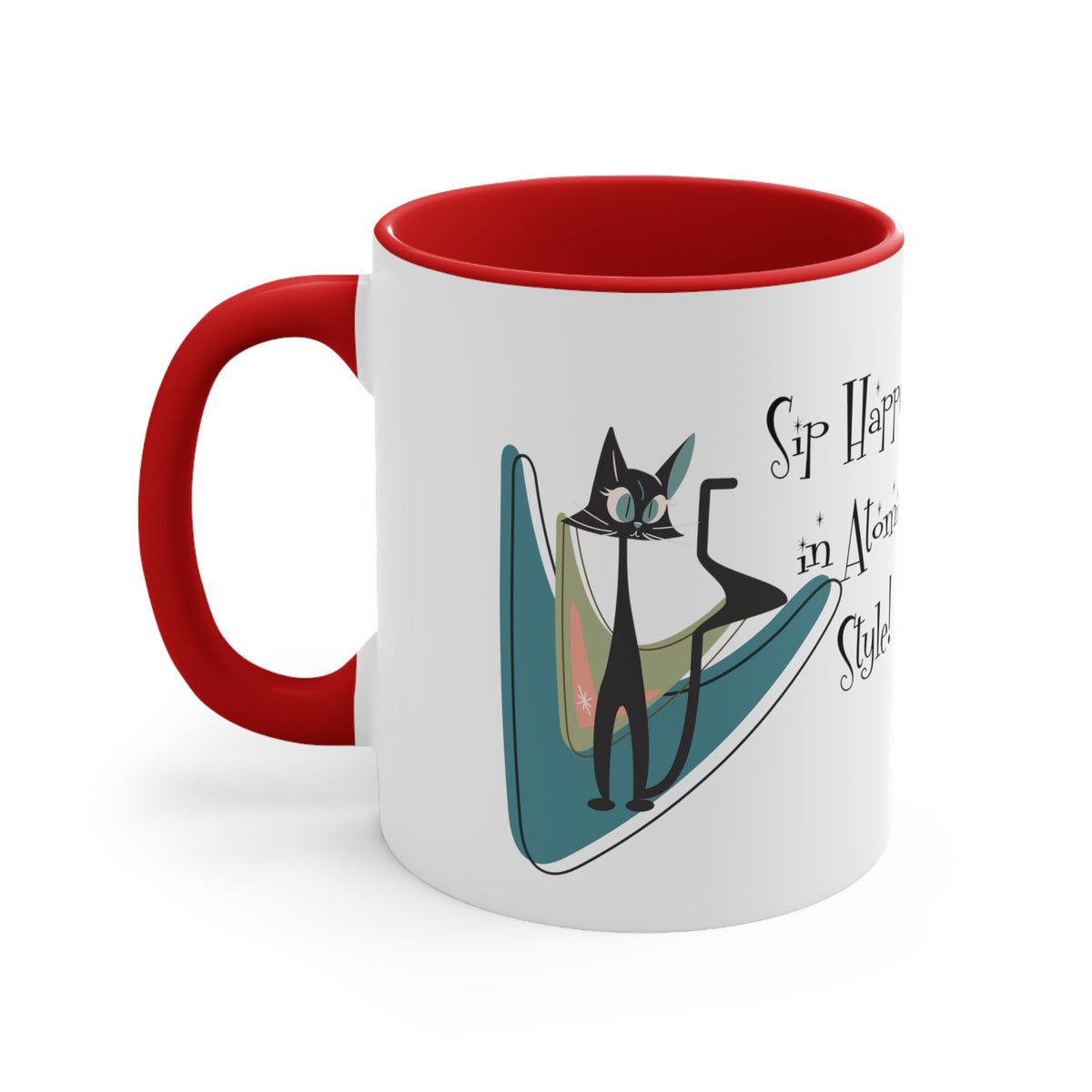 Atomic Cat, Mid Century Modern Drinkware, Coffee Mug, Sip Happens, Retro Boomerang, Kitschy Funny Coffee Lover Gifts - Mid Century Modern Gal