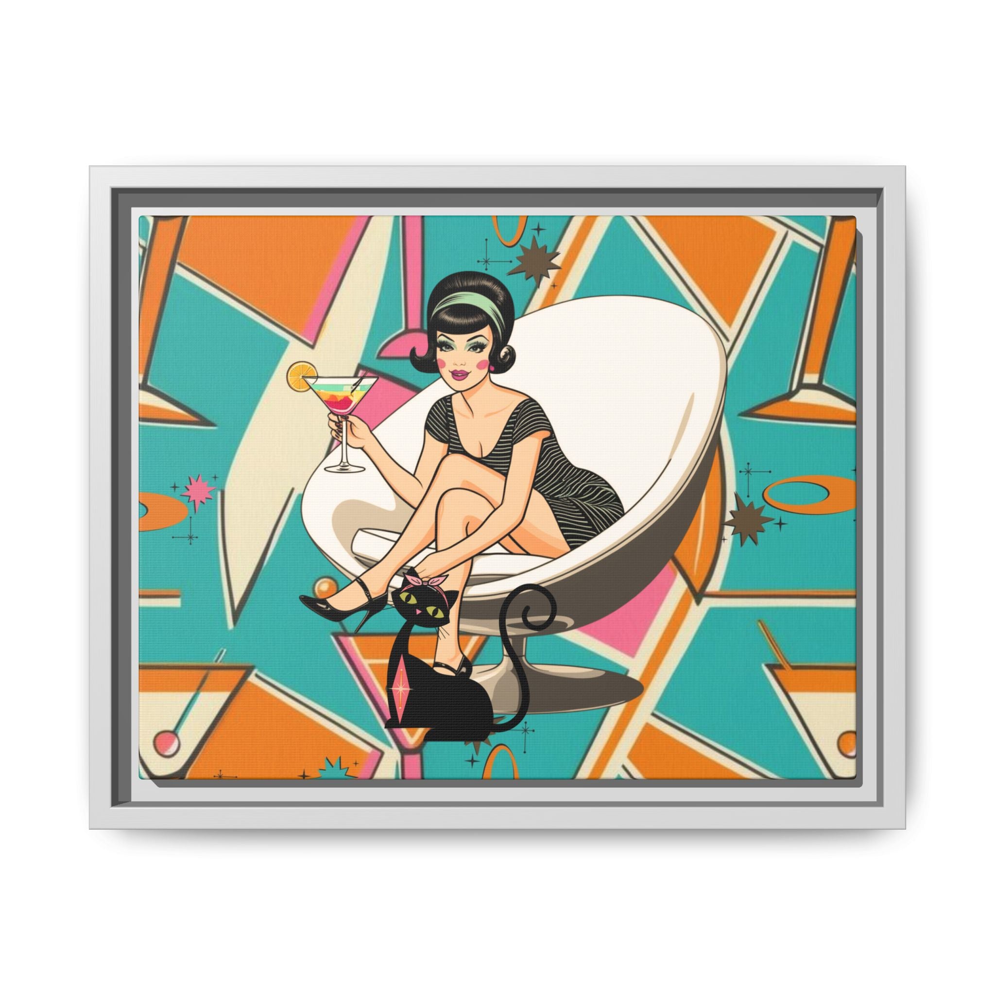 Mid Mod 60s Gal, Atomic Cat Barware Wall Art - Framed Matte Canvas with Vintage Cocktail And Retro Cat Design - Mid Century Modern Gal