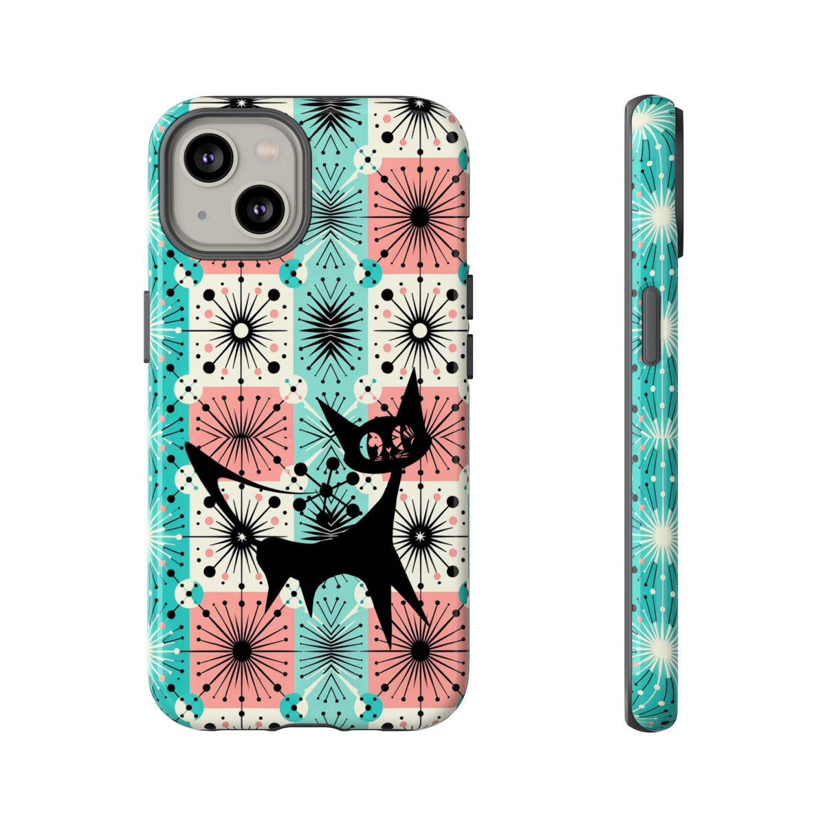 Atomic Kitschy Cat, Mid Century Modern Pink, Aqua Starbursts Tough Phone Case