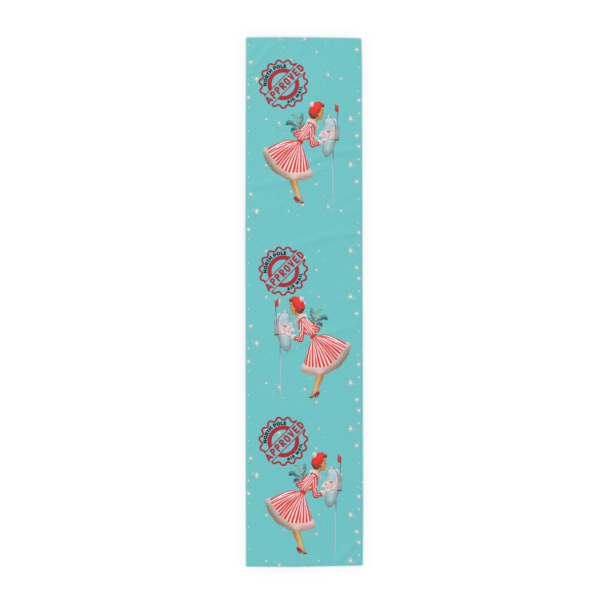 Whimsical 50s Retro Vintage Table Runner, Aqua Blue, North Pole Express, Vintage 50s Gal Holiday Christmas Table Linens - Mid Century Modern Gal