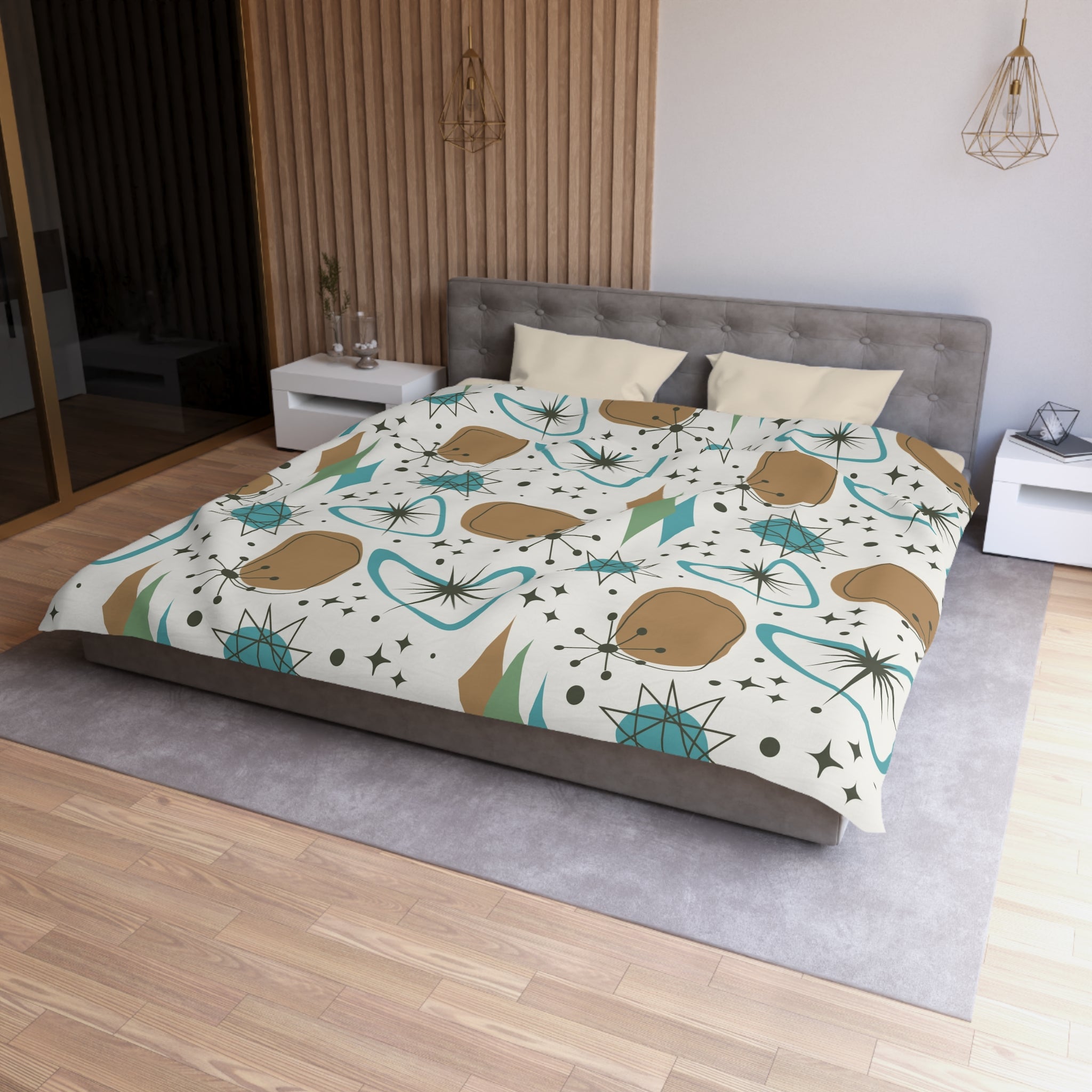 Mid Century Modern Franciscan Starburst Camel Brown, Beige Teal Starburst Retro-Modern Duvet Cover - Mid Century Modern Gal
