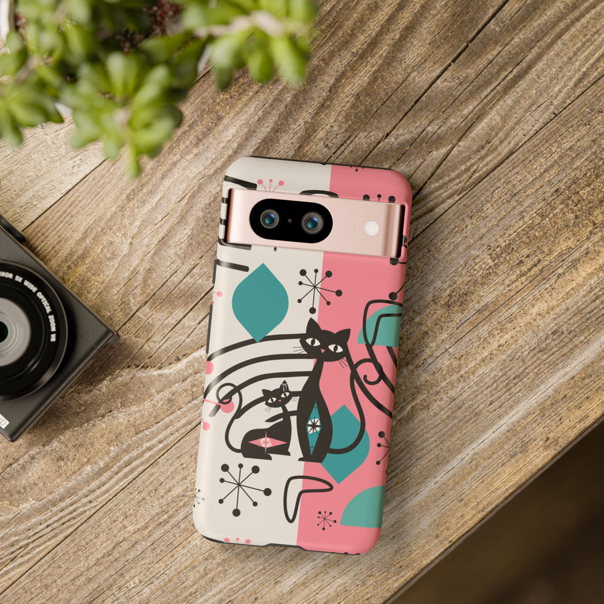 Mid Mod Atomic Cat Boomerang Starburst, Pink, Black Kitschy Stylish Cat Phone Case: Modern Design for Cat Lovers