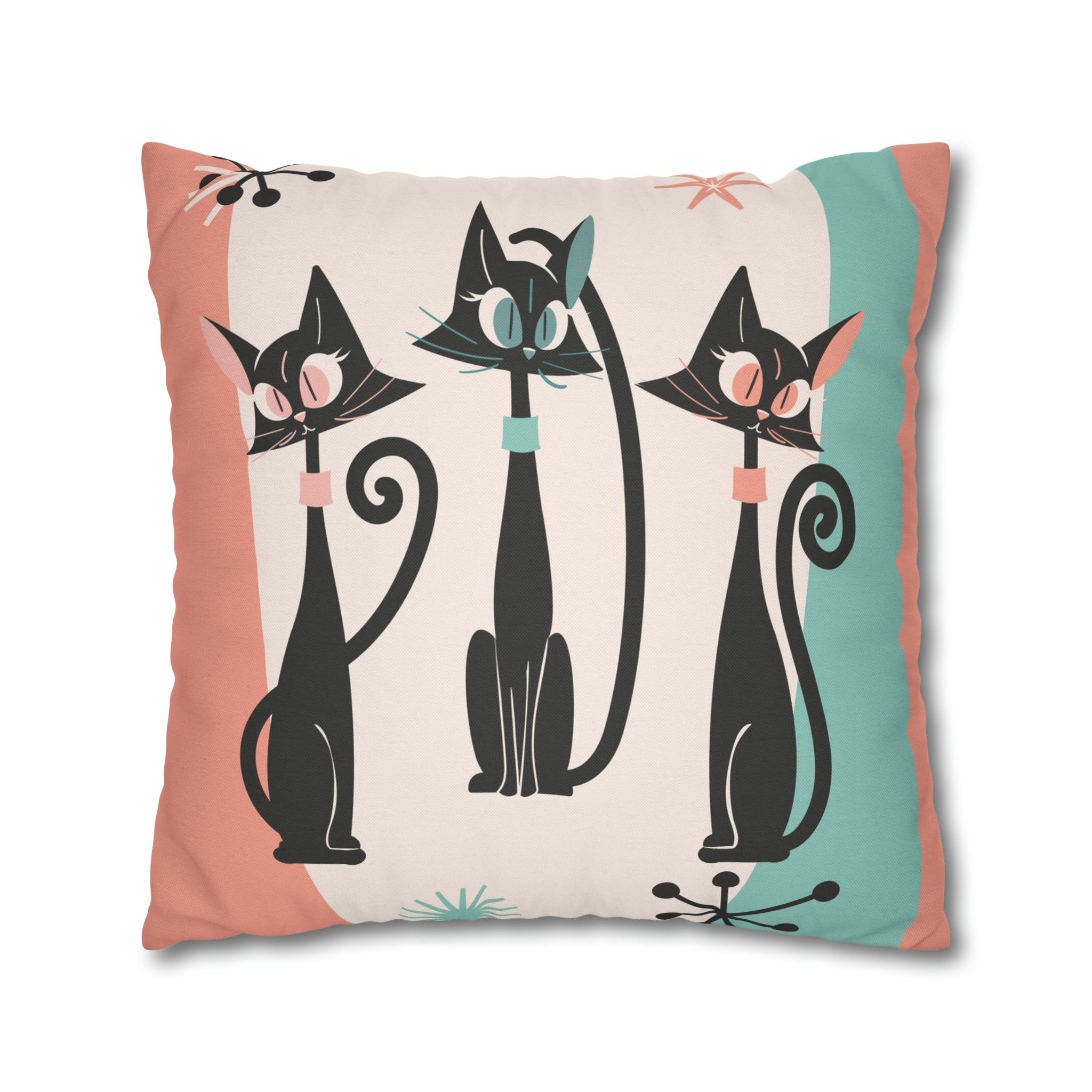 Atomic Cat Pillow, Kitschy 50s Mid Century Modern Style, Coral, Aqua, Creamy Beige, Retro MCM Atomic Home Living Pillow COVER - Mid Century Modern Gal