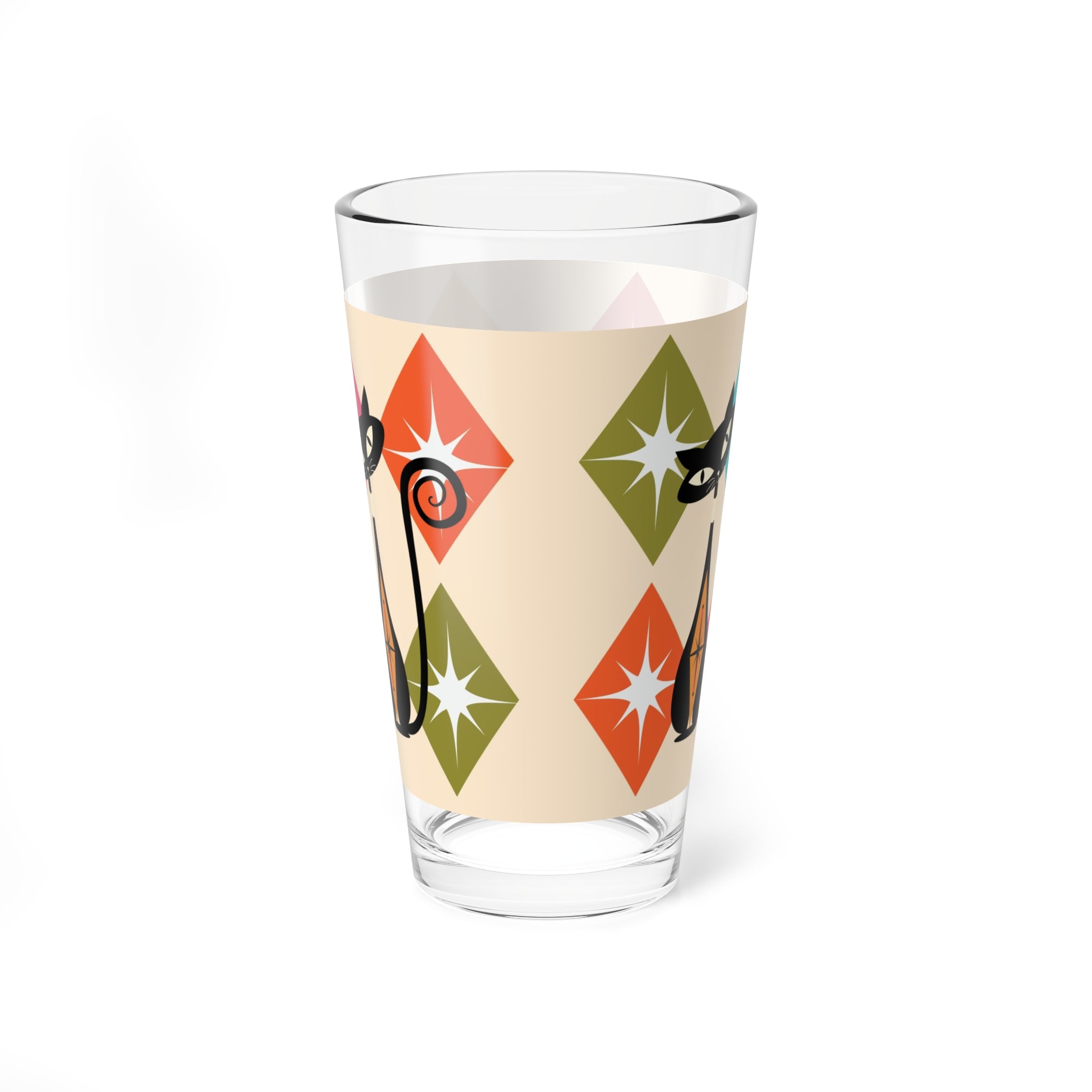 Atomic Cat Kitschy Mod Pint Glass, Harlequin Diamonds, Starburst Mid Century Modern Barcart Barware Mixing Glass, 16oz - Mid Century Modern Gal