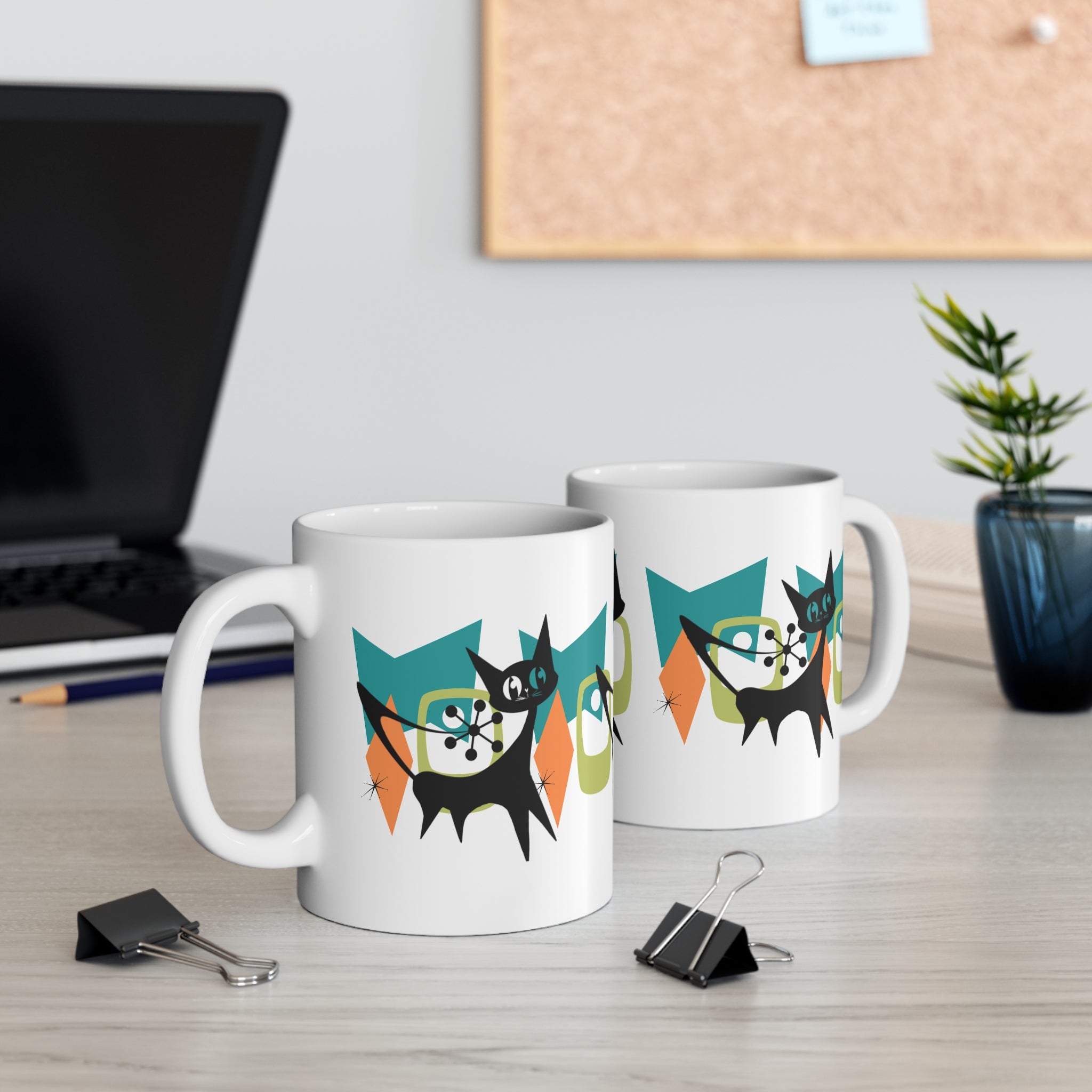 Atomic Cat Mid Century Modern Whimsical Cat Graphic Mug - 11oz Coffee Cup for Cat Lovers - Mid Century Modern Gal