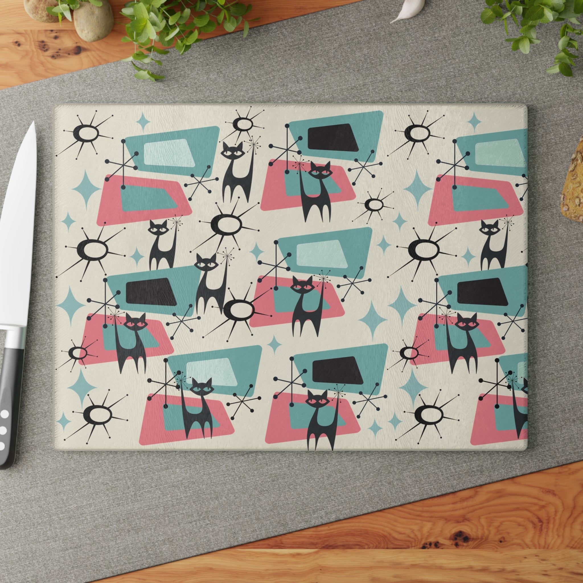 Atomic Space Cat, Cheese Board, Party Glass Cutting Board - Mid Century Modern Gal