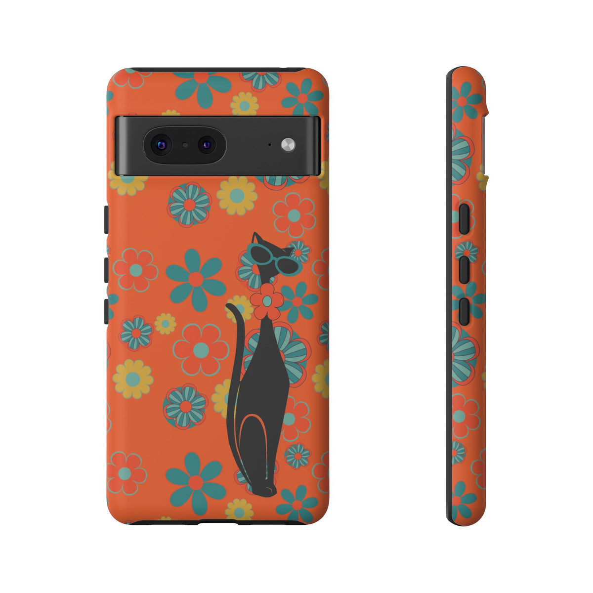 Flower Power, Retro Groovy Atomic Cat, Hipster Style Orange Samsung Galaxy and Google Pixel Tough Cases - Mid Century Modern Gal