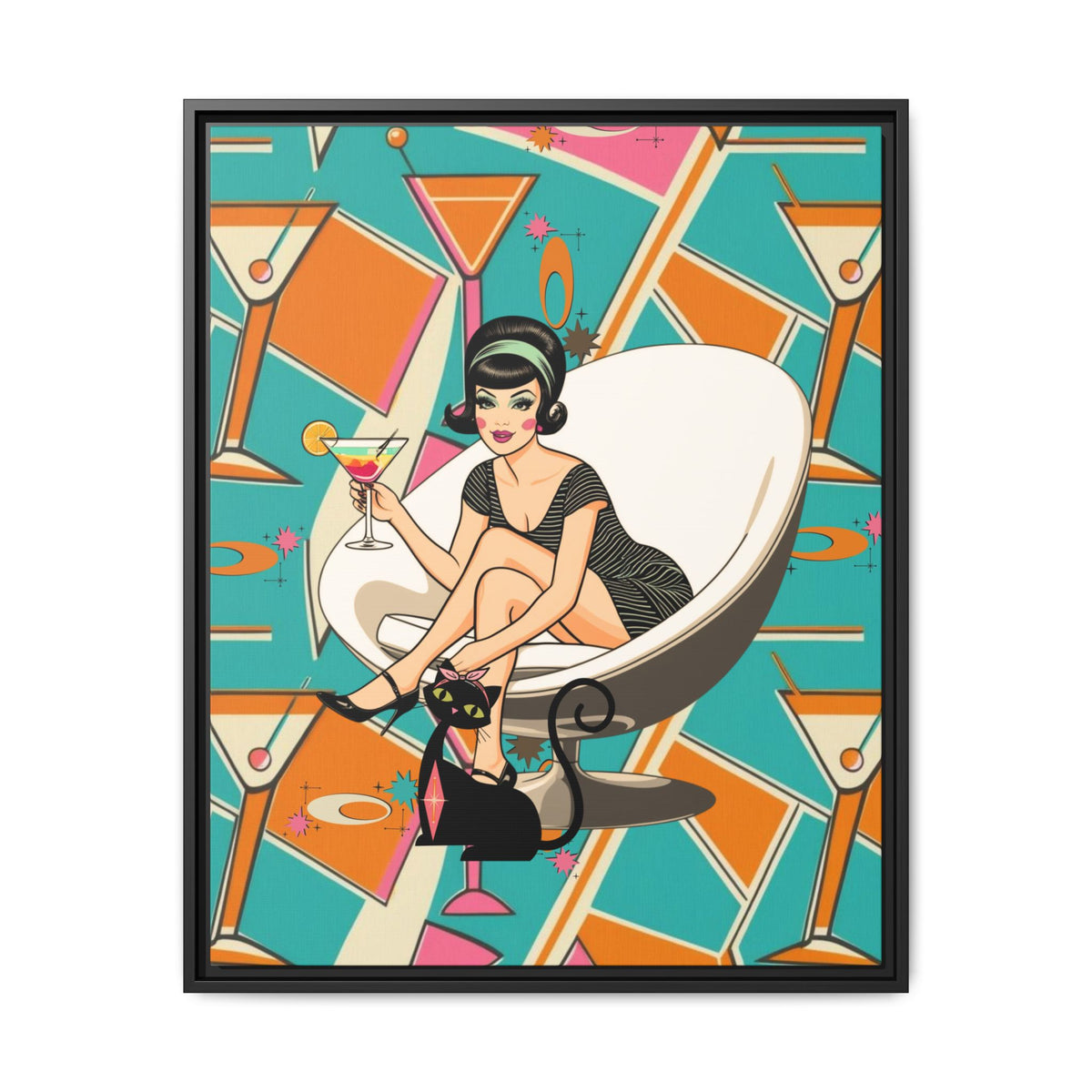 Mid Mod 60s Gal, Atomic Cat Barware Wall Art - Framed Matte Canvas with Vintage Cocktail And Retro Cat Design - Mid Century Modern Gal