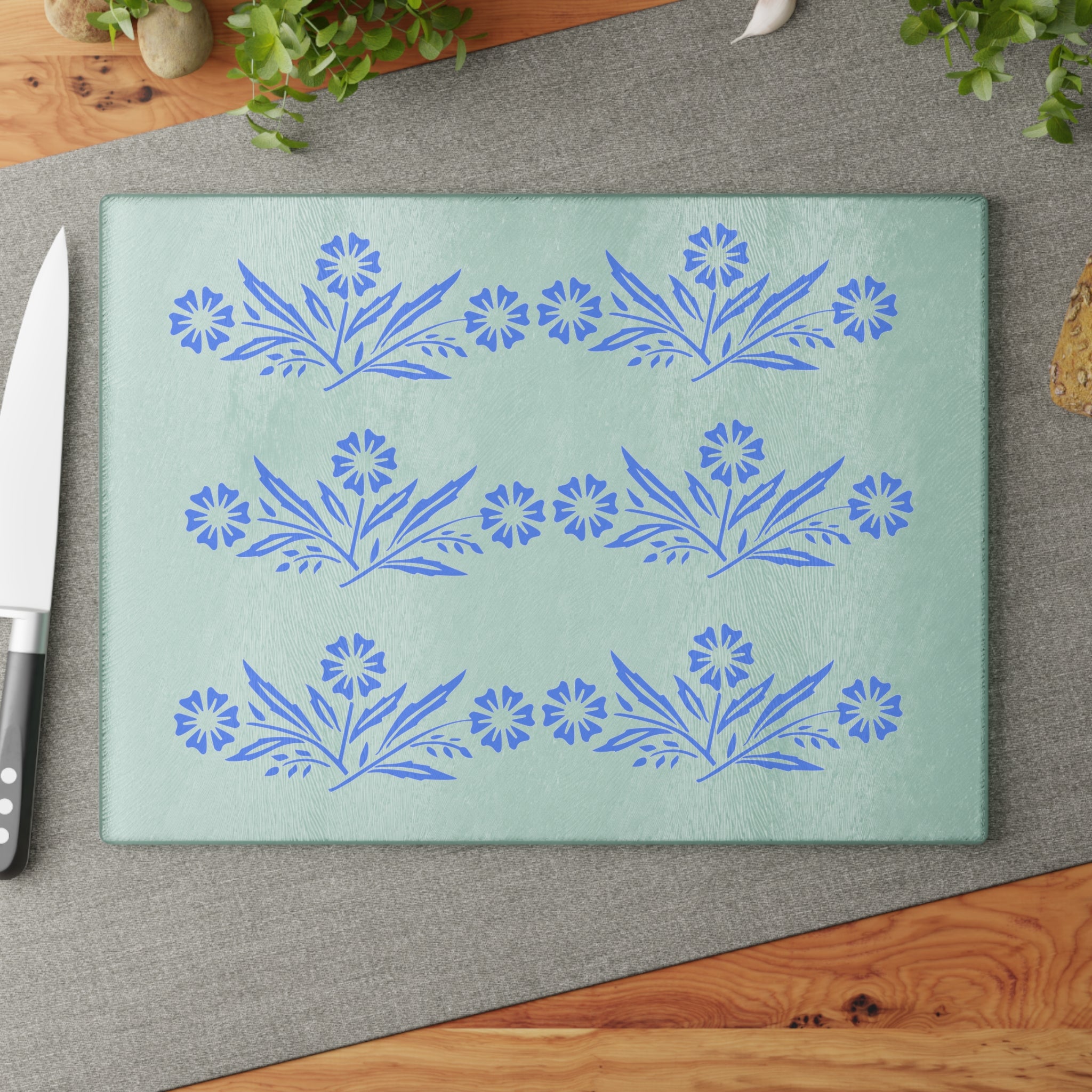 Blue Cornflower Kitschy Kitchen Coriningware Inspired Glass Cutting Board - Mid Century Modern Gal