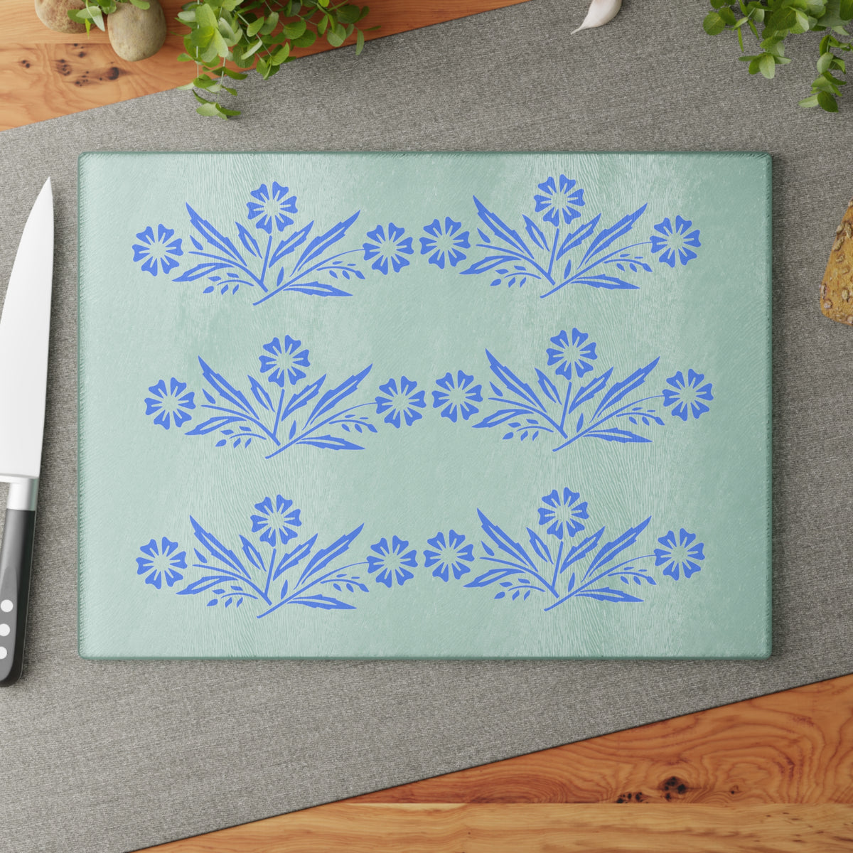 Blue Cornflower Kitschy Kitchen Coriningware Inspired Glass Cutting Board - Mid Century Modern Gal