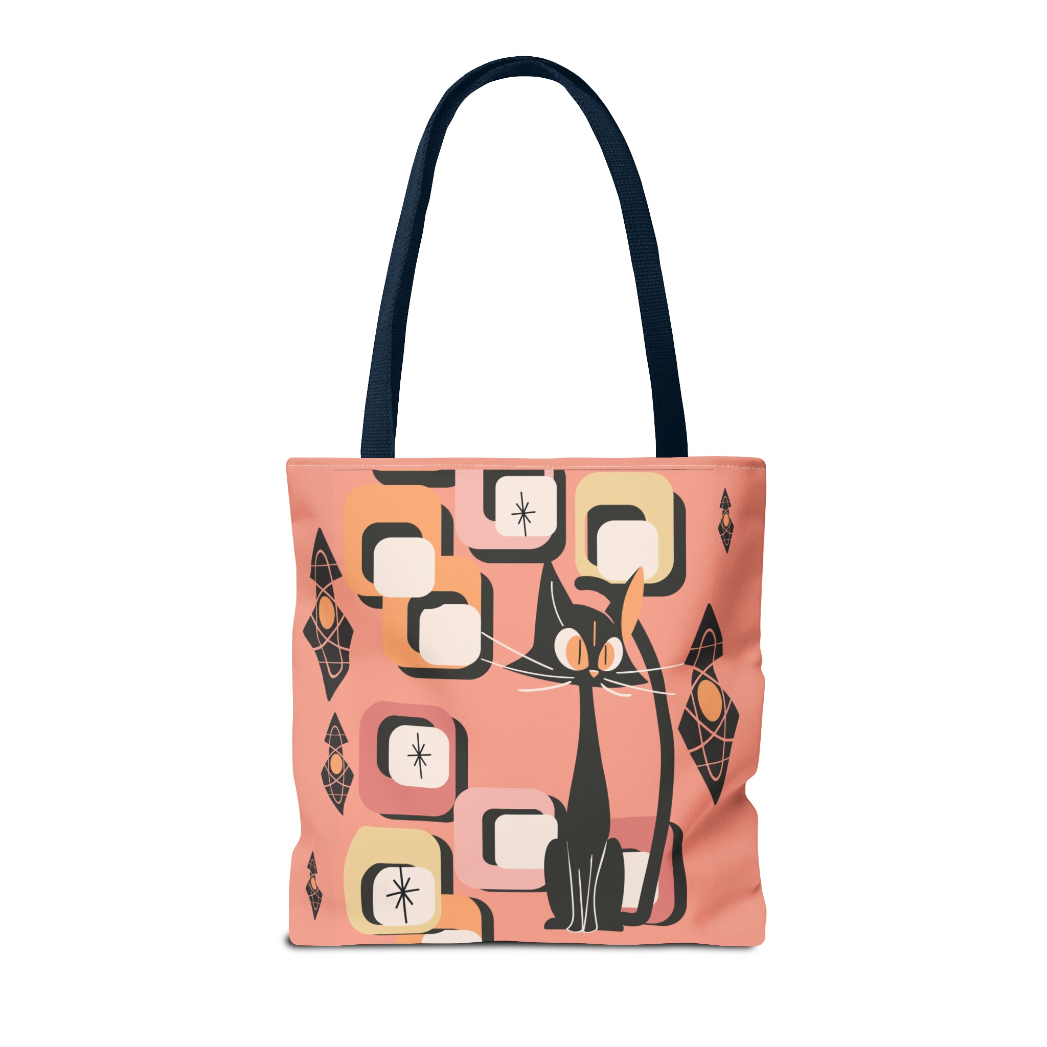 Atomic Cat Tote Bag, Coral Color, Mid Century Modern Geometric Designs, Mid Mod Retro Apparel