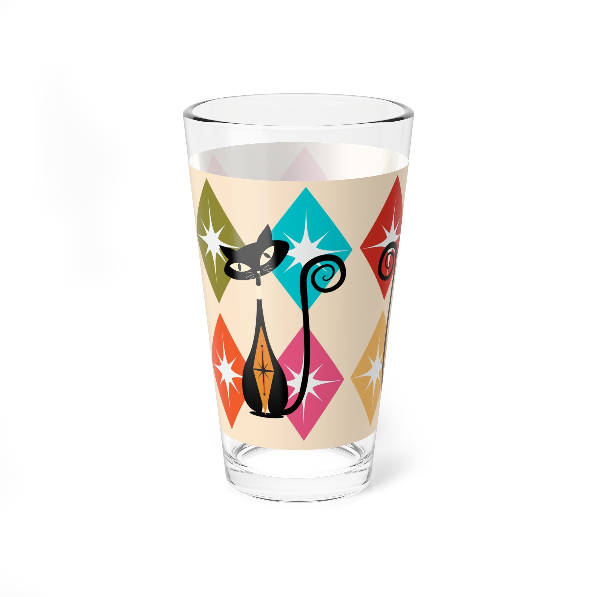 Atomic Cat Kitschy Mod Pint Glass, Harlequin Diamonds, Starburst Mid Century Modern Barcart Barware Mixing Glass, 16oz - Mid Century Modern Gal