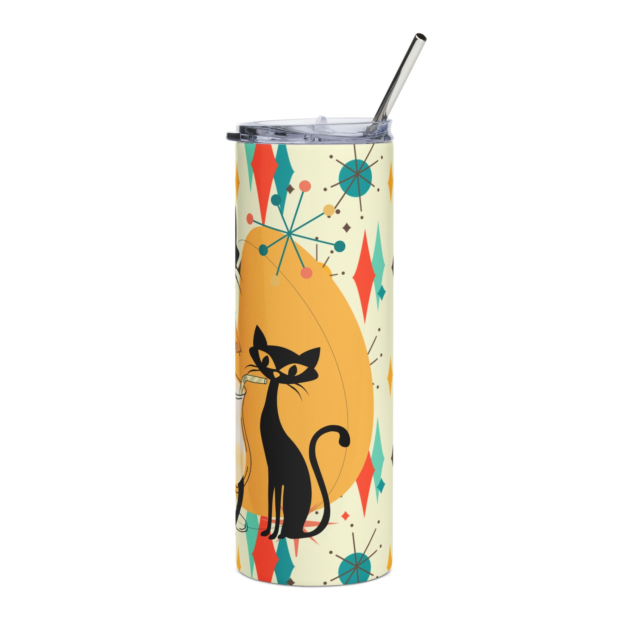 Franciscan Starburst Atomic Cat Design, Funny, Kitschy Mid Century Modern Skinny Tumbler with Straw, 20oz - Mid Century Modern Gal
