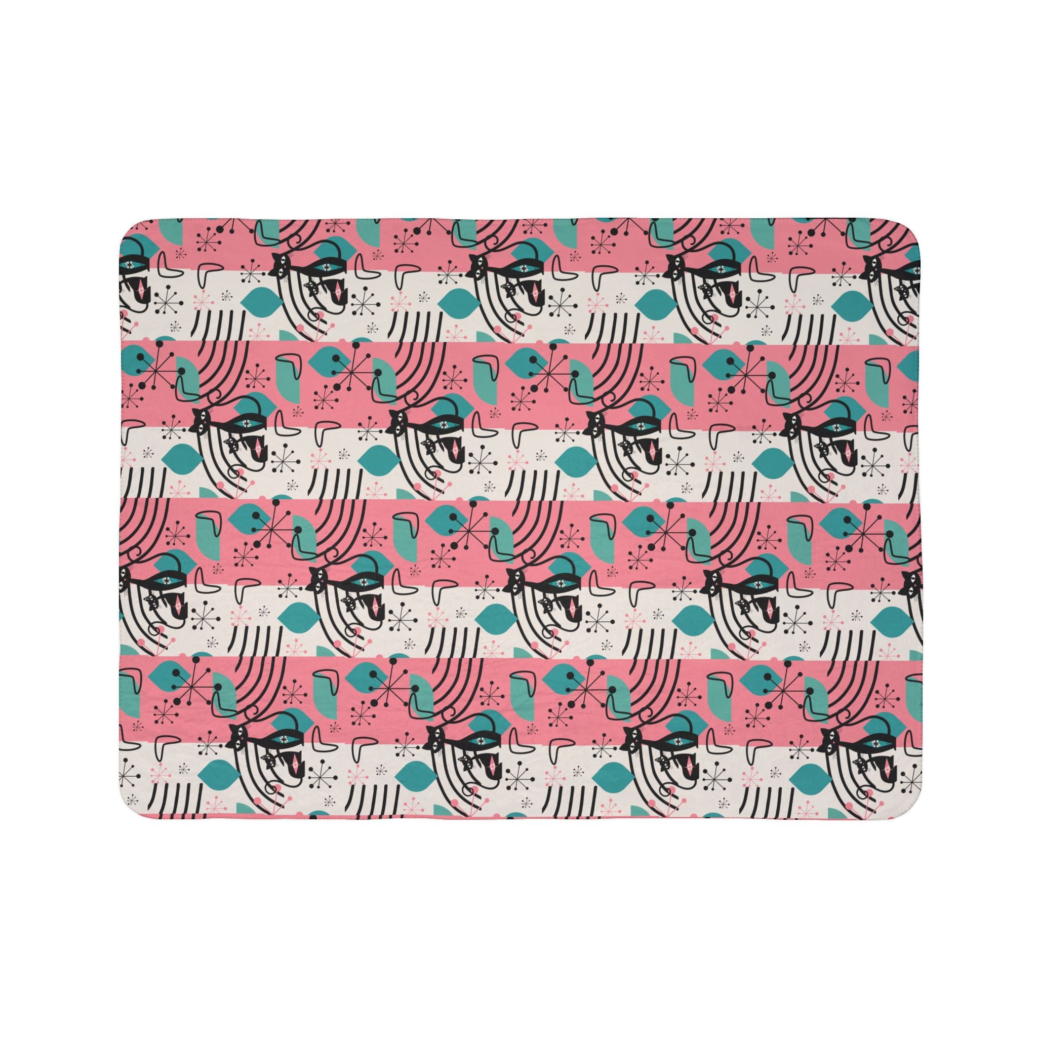 Mid-Century Modern Atomic Cat Pink Teal Retro Cat Fleece Sherpa Blanket - Cozy & Stylish - Mid Century Modern Gal