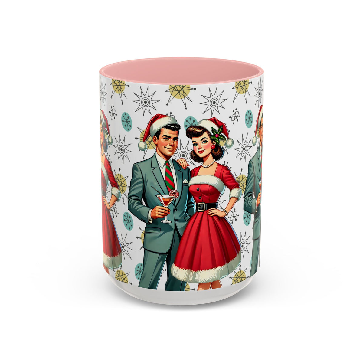 Mid Century Modern 50s Christmas mug featuring a Franciscan Starburst pattern with retro couple in festive attire.