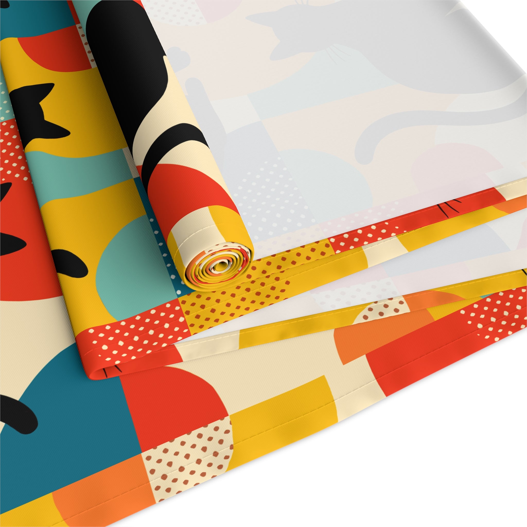 Pop Art Black Atomic Cats, Red Blue Yellow, Table Runner - Mid Century Modern Gal