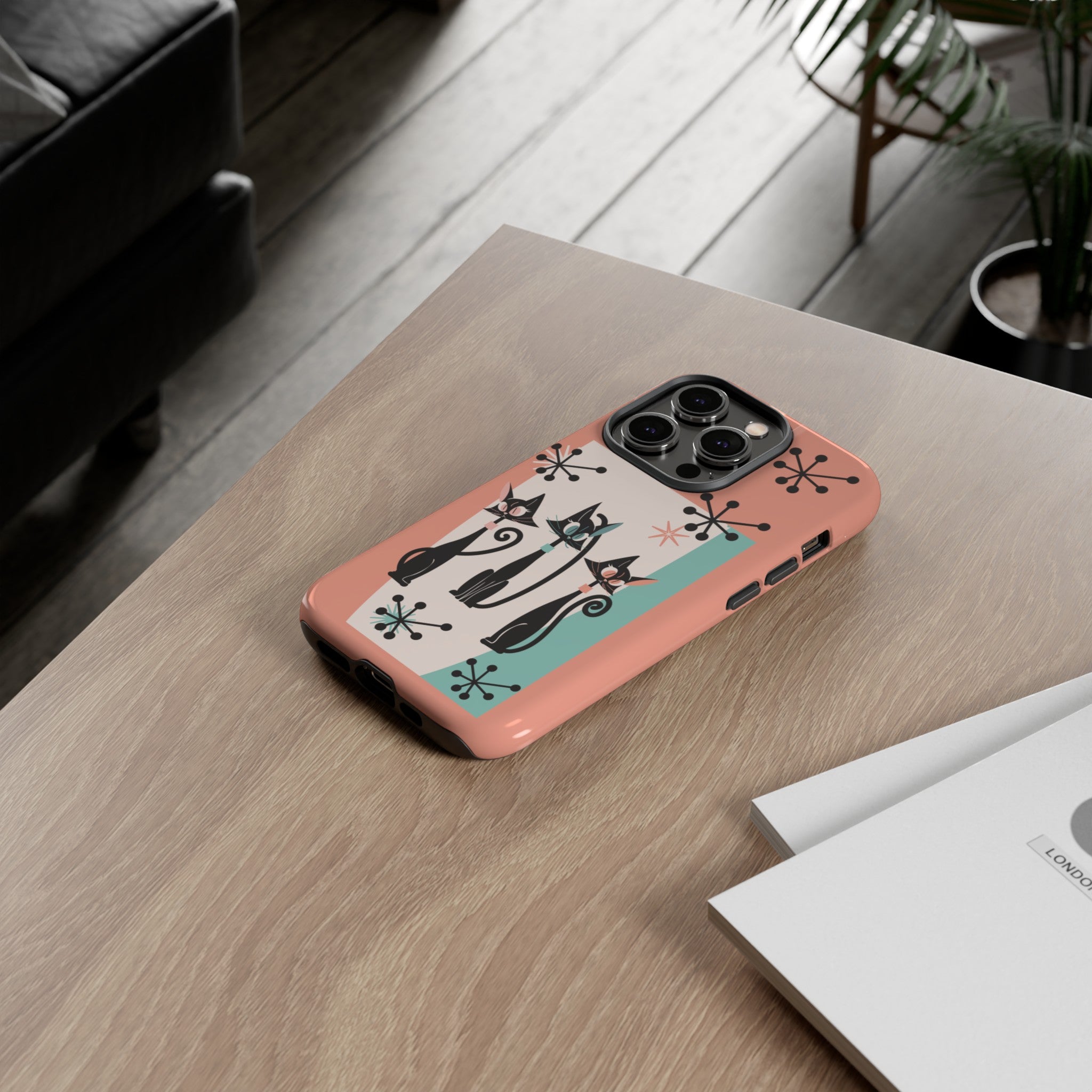 Atomic Cat Mid Mod Coral Aqua Blue Starburst Kitschy Fun Chic Samsung, Smart Phones Tough Cases - Mid Century Modern Gal