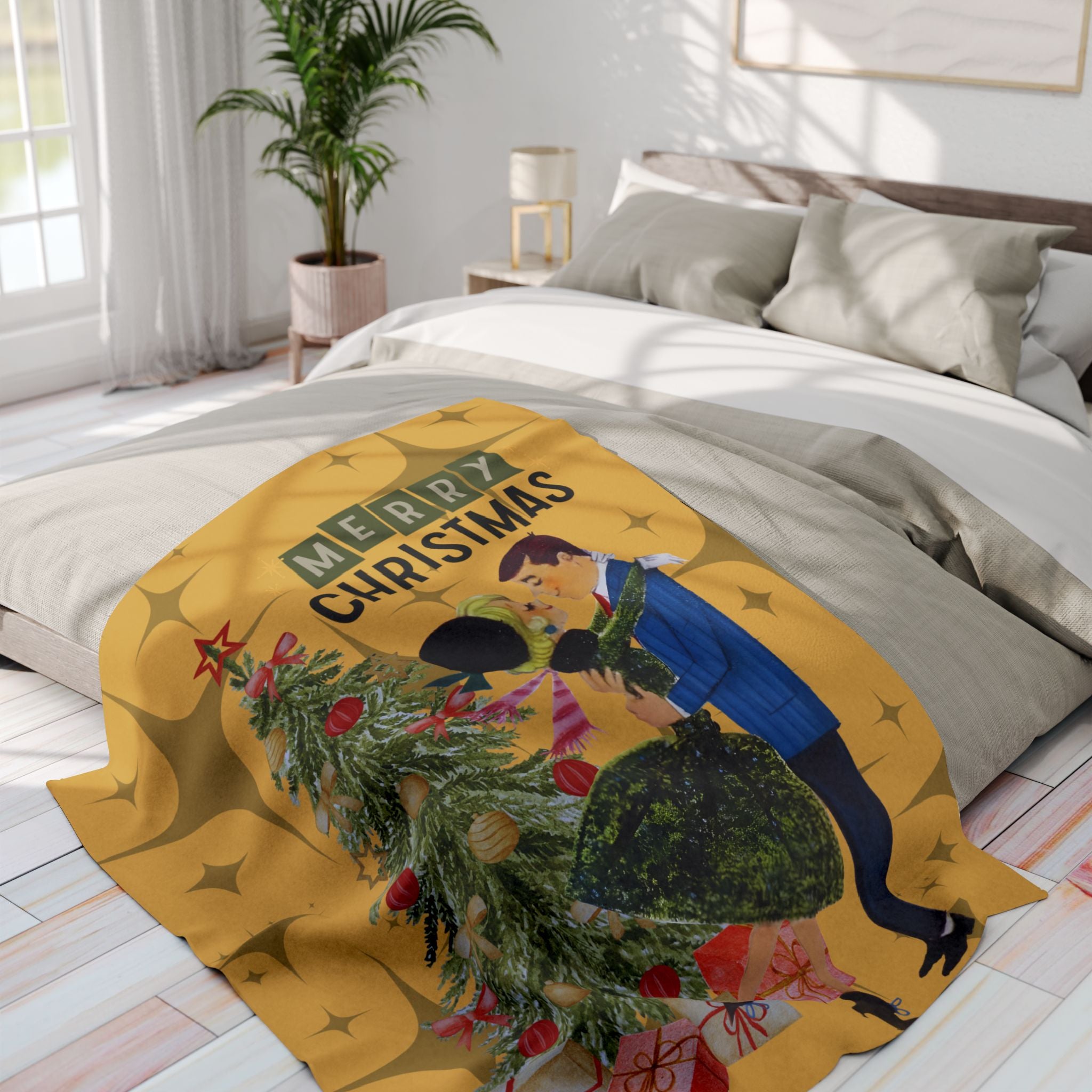 Retro Holiday Kitsch, Vintage Christmas Fleece Blanket - Merry Christmas Holiday Throw - Mid Century Modern Gal
