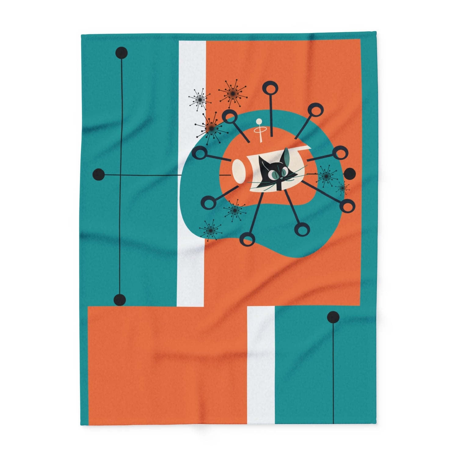 Mid Century Modern Orange Teal Atomic Space Kittie, MCM Lightweight Fleece Blanket - Mid Century Modern Gal