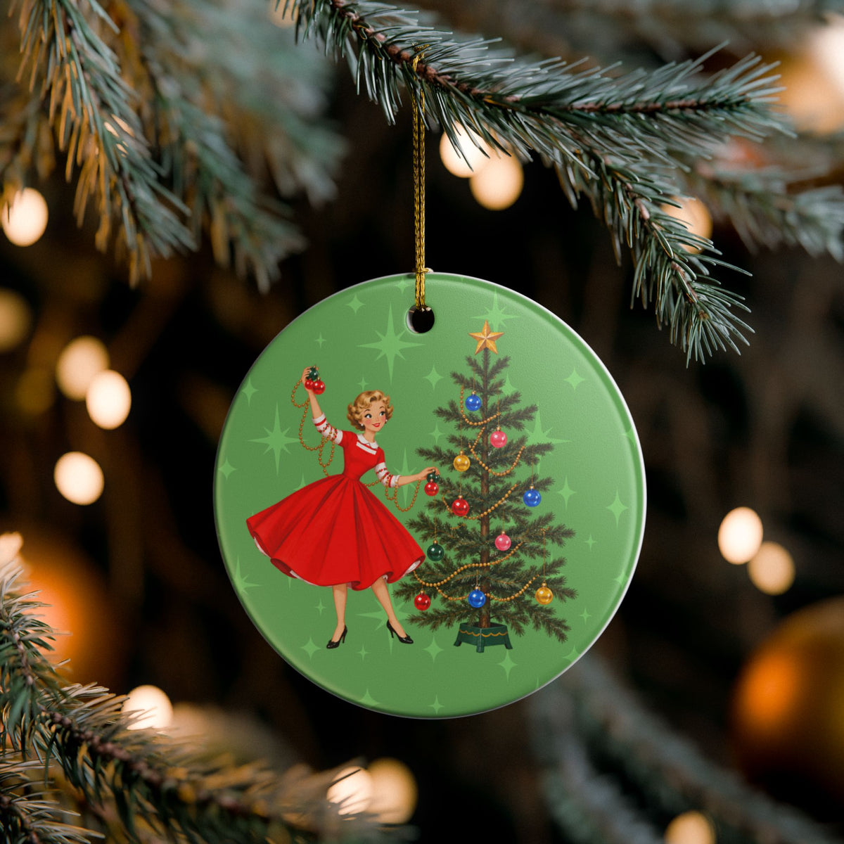 Mid Century Modern Gal Decorating Christmas Tree, Green Atomic Starbursts Ceramic Christmas Tree Ornament - Mid Century Modern Gal