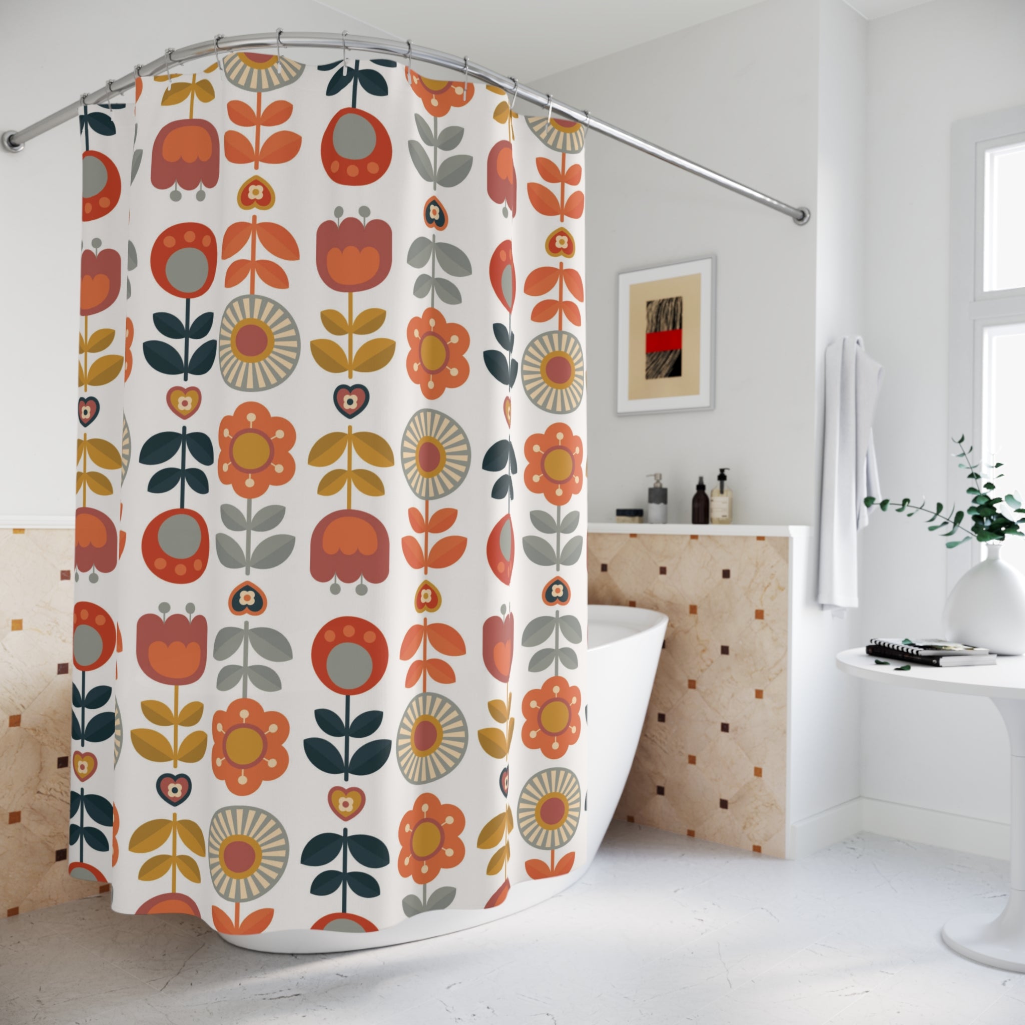Scandinavian Modern Danish Vintage Floral Shower Curtain - Boho Home Decor for Bright and Cheerful Bathrooms - Mid Century Modern Gal