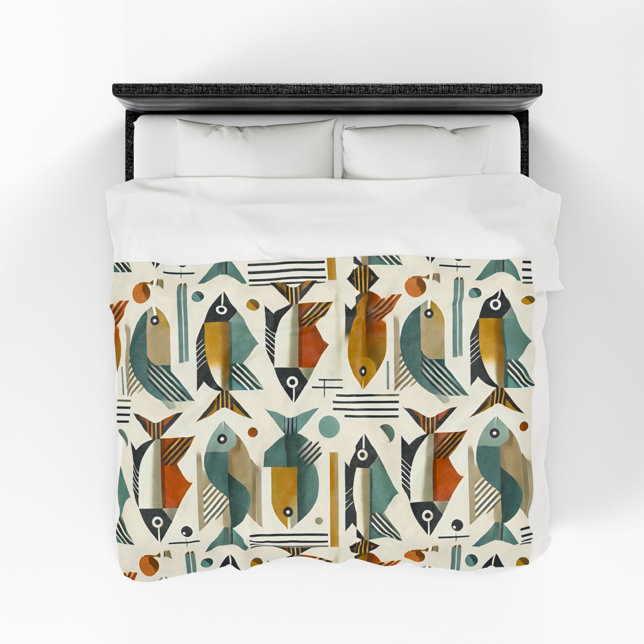 Mid Century Modern Bauhaus Colorful Fish Pattern Plush Blanket for Cozy Living Spaces - Mid Century Modern Gal