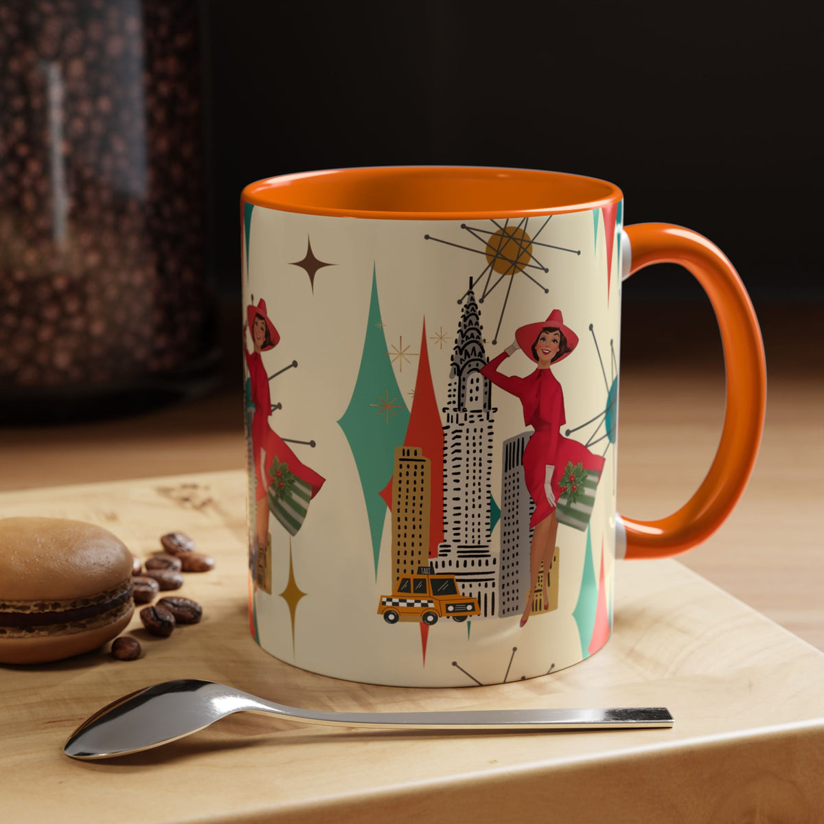 Mid Century Modern Kitschy Christmas Gal, Franciscan Starburst Diamond Retro Chic Accent Coffee Mug - Vintage Cityscape Design - Mid Century Modern Gal