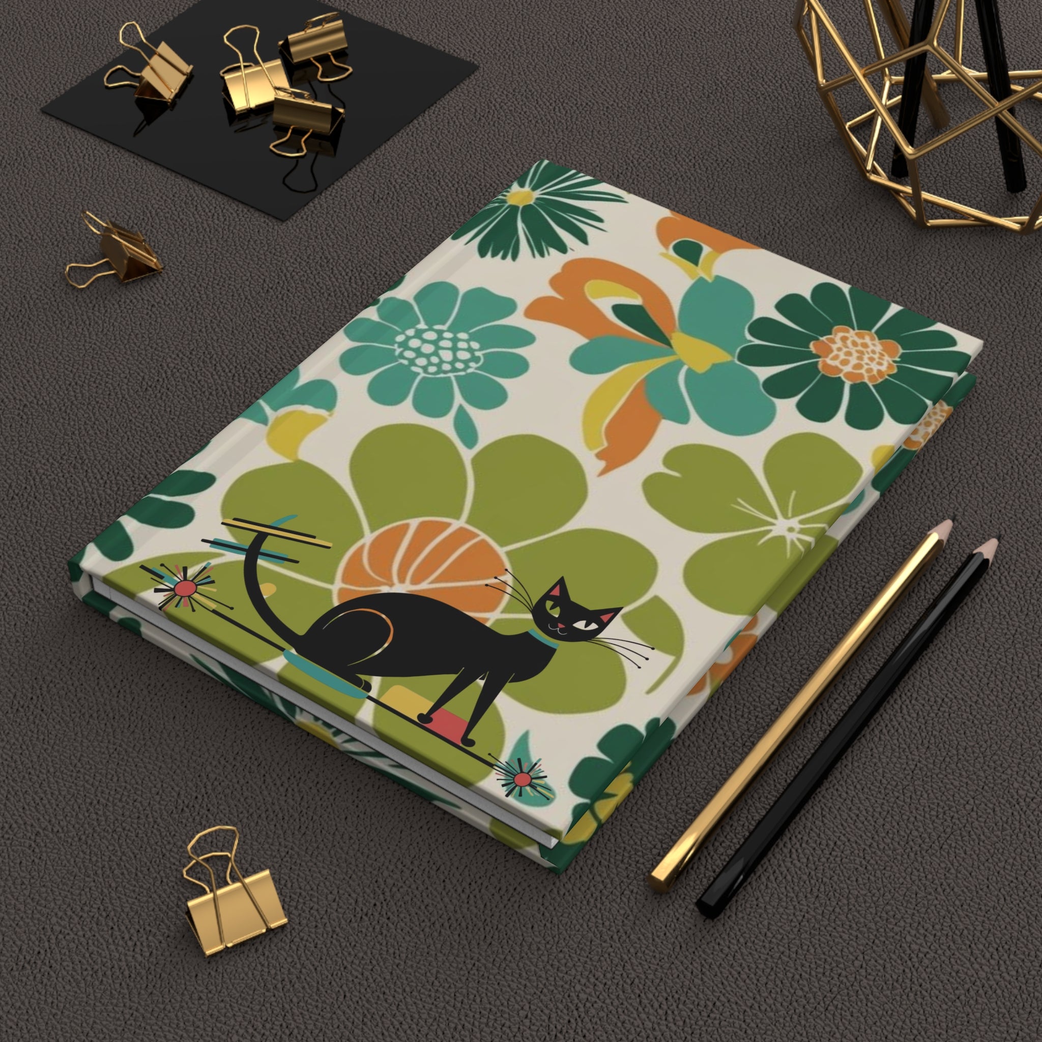 Atomic Cat Mid Mod Retro Floral Hardcover Journal - Vibrant & Whimsical Design for Creative Minds - Mid Century Modern Gal