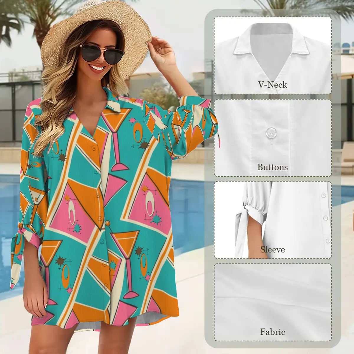 Summer Retro Vibes Mid Mod Coctail Cover Up, Blouse Women&