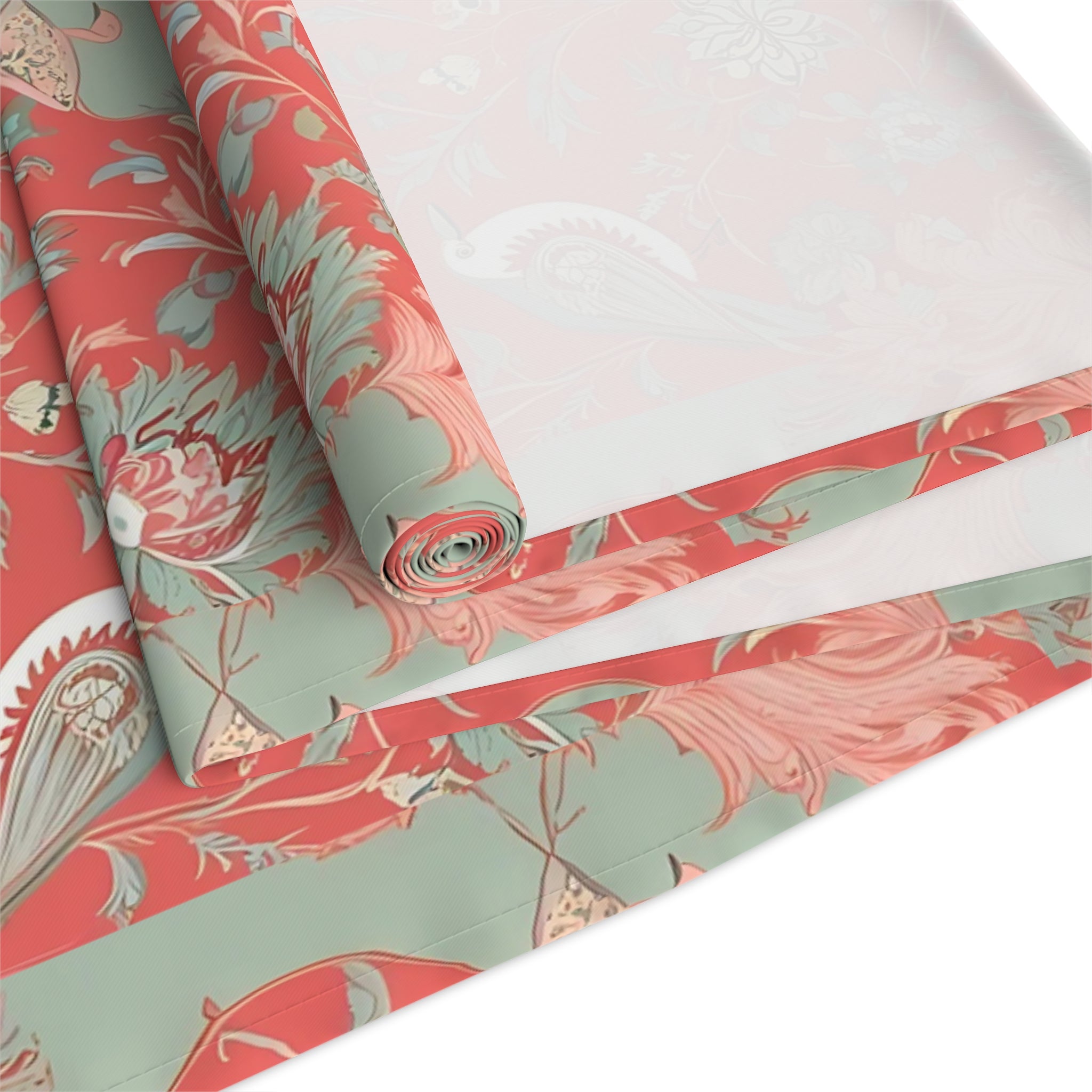 Chinoiserie Botanical Floral Coral, Mint Green Bohemian Floral Table Runner - Mid Century Modern Gal